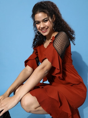 Women's Rust V-Neck Ruffled Wrinkled Ruffled Midi Dress Fit Choice