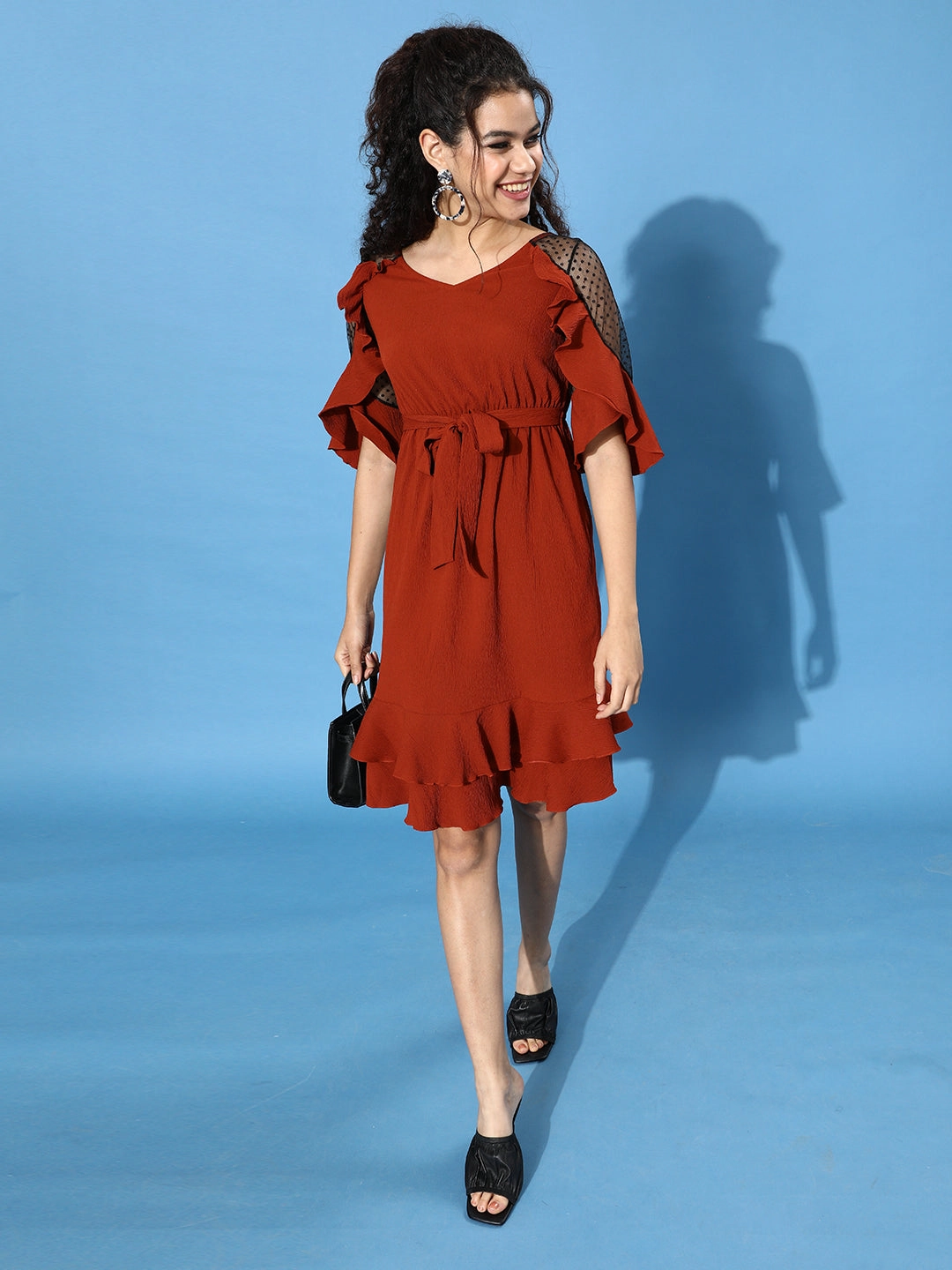 Statement Look Stylish and Comfortable Women's Rust V-Neck Ruffled Wrinkled Ruffled Midi Dress