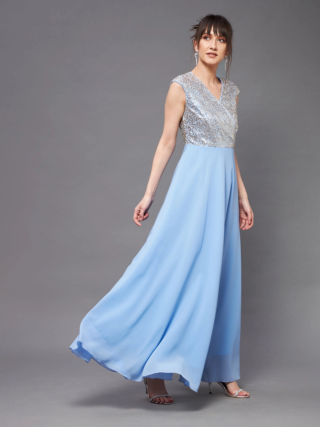 Smooth Texture Smart Cut Women's Sky Blue & Gold V-Neck Sleeveless Embellished Wrap Maxi Dress