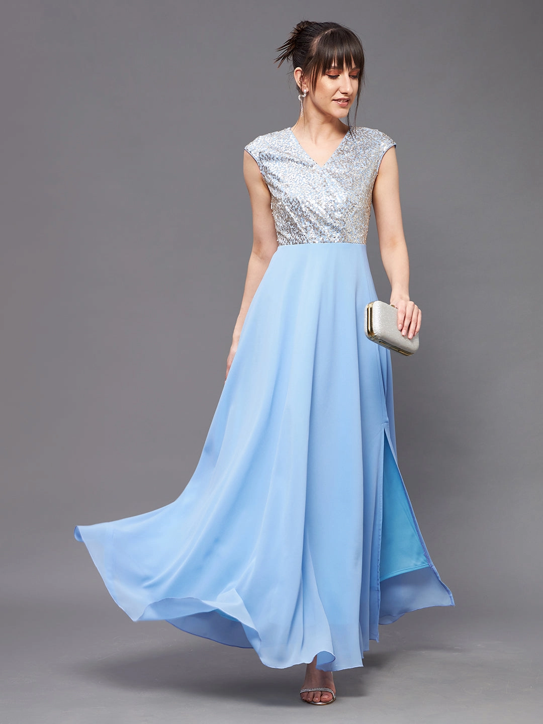Tiered-Skirt NonSlipClosure Women's Sky Blue & Gold V-Neck Sleeveless Embellished Wrap Maxi Dress