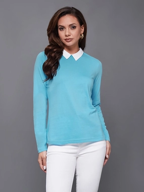Grid Texture Fabric Women's Sky Blue Shirt Collar Full Sleeve Solid Basic Regular-Length Cotton Top