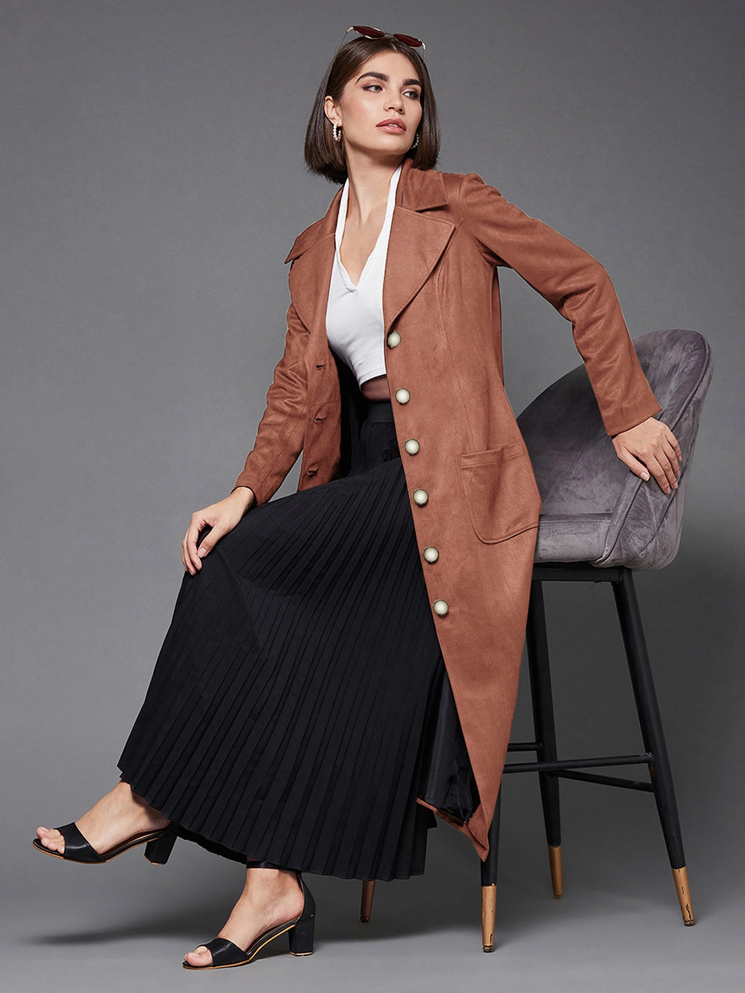 Women's Solid Dusty Peach Notch-Collar Full Sleeves Button-down Longline Blazer Jacket Layer Up Style