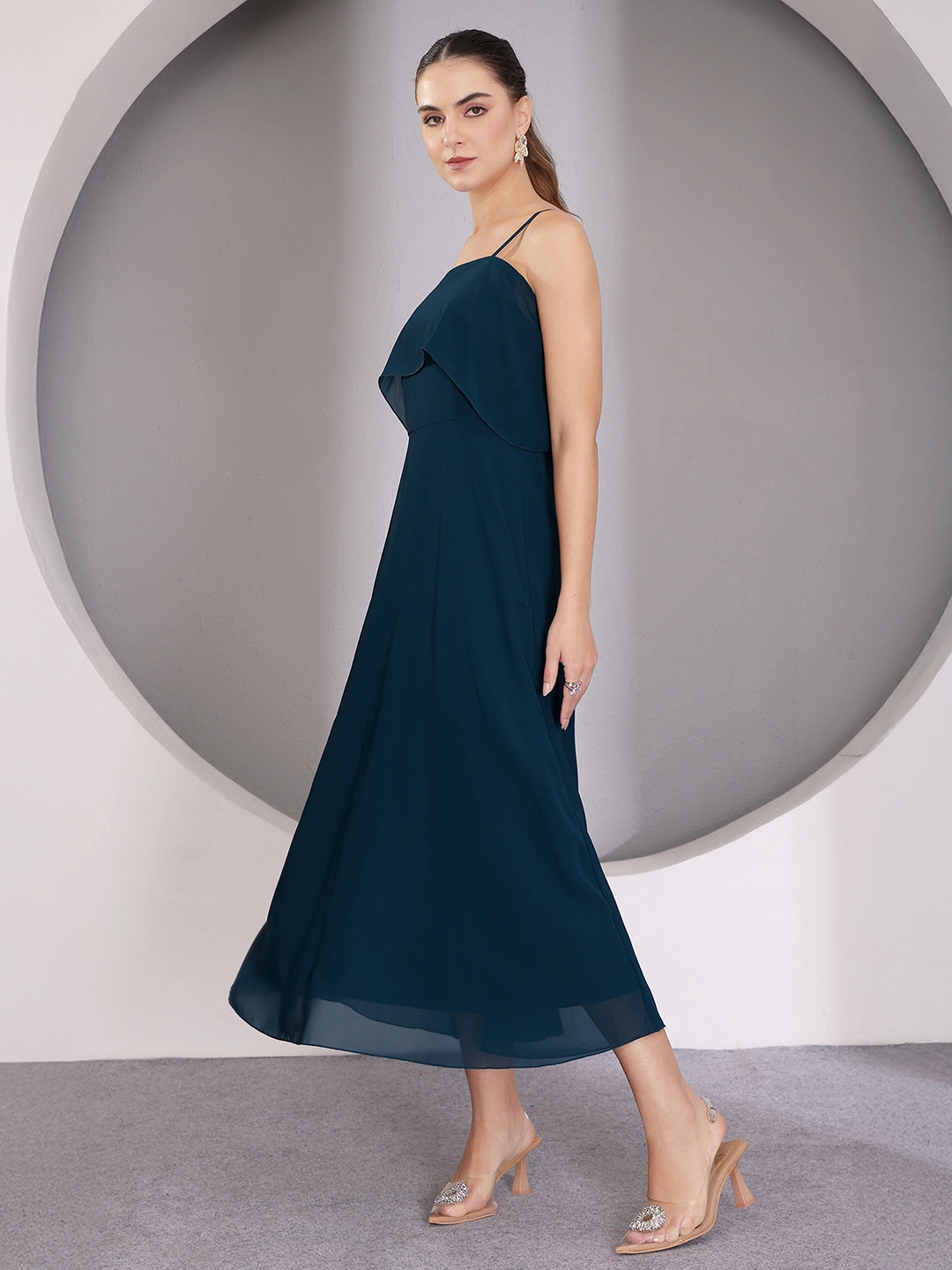 Button Chic Stylish Mood Women's Teal Bardot Style Sleeveless Spaghetti Strap Solid Off Shoulder Midi Skater Dress