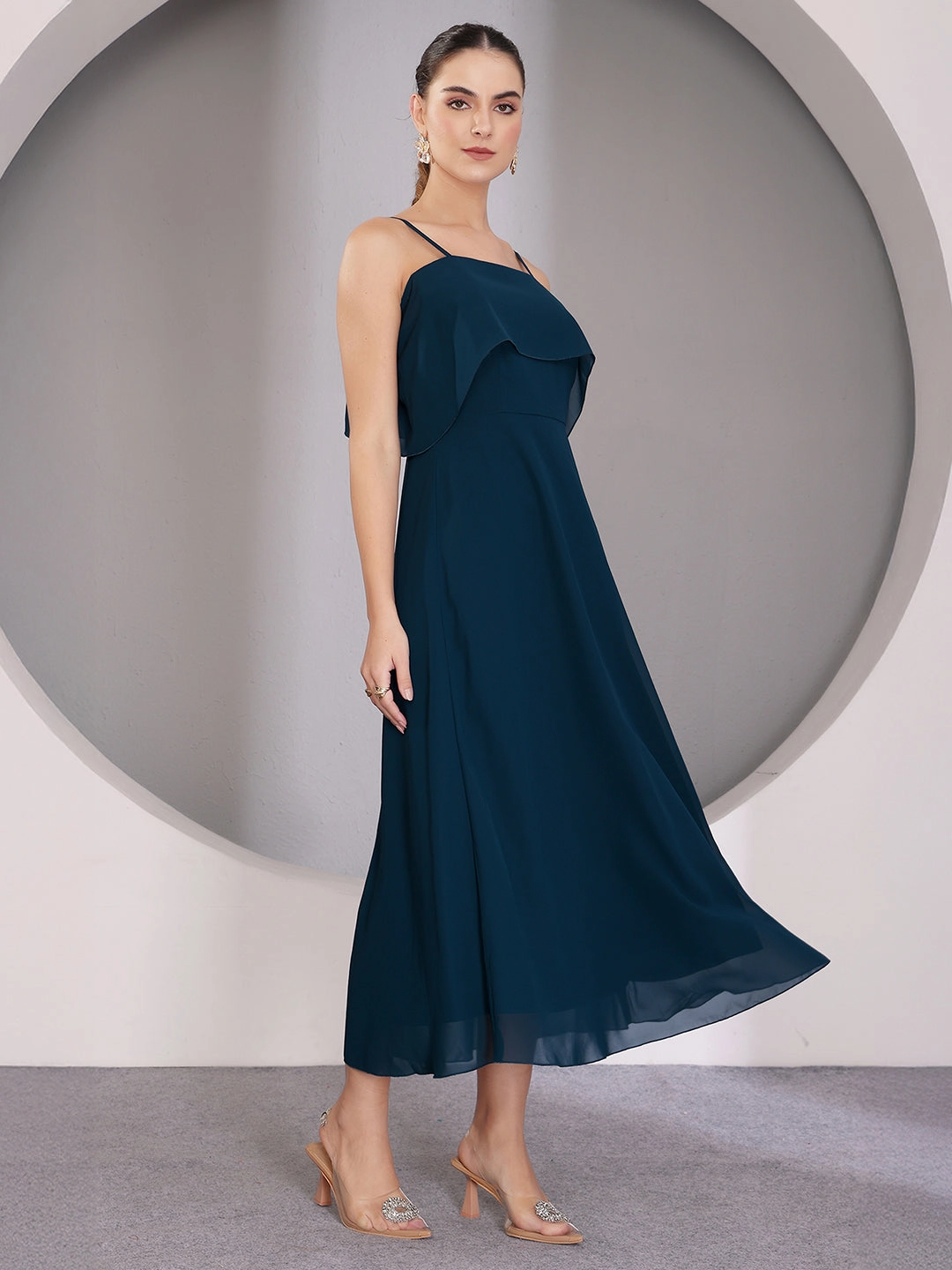 Lower Hem Women's Teal Bardot Style Sleeveless Spaghetti Strap Solid Off Shoulder Midi Skater Dress