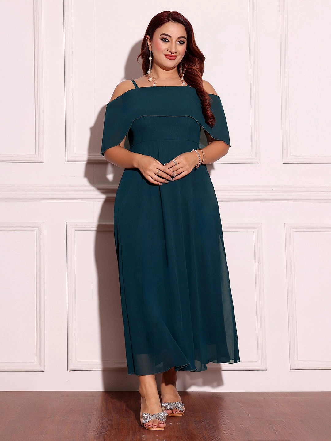 Smart Design Bold Elegance Women's Teal Bardot Style Sleeveless Spaghetti-Straps Solid Off-Shoulder Midi Skater Dress