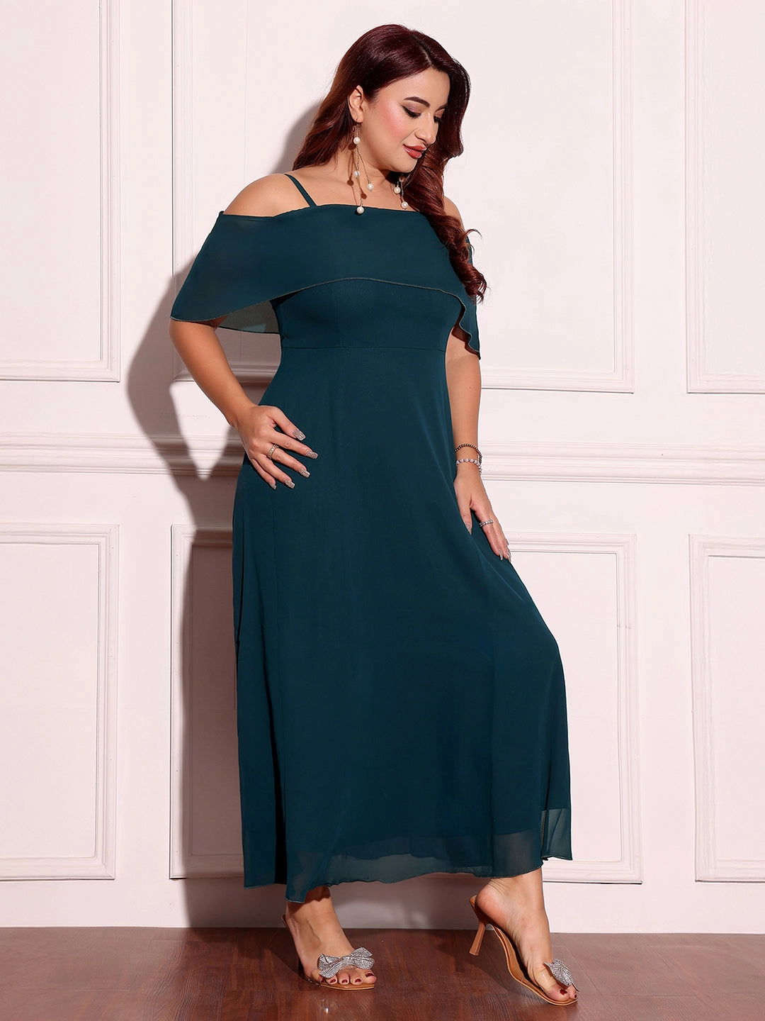 Women's Teal Bardot Style Sleeveless Spaghetti-Straps Solid Off-Shoulder Midi Skater Dress Delicate Tone Skin Tone