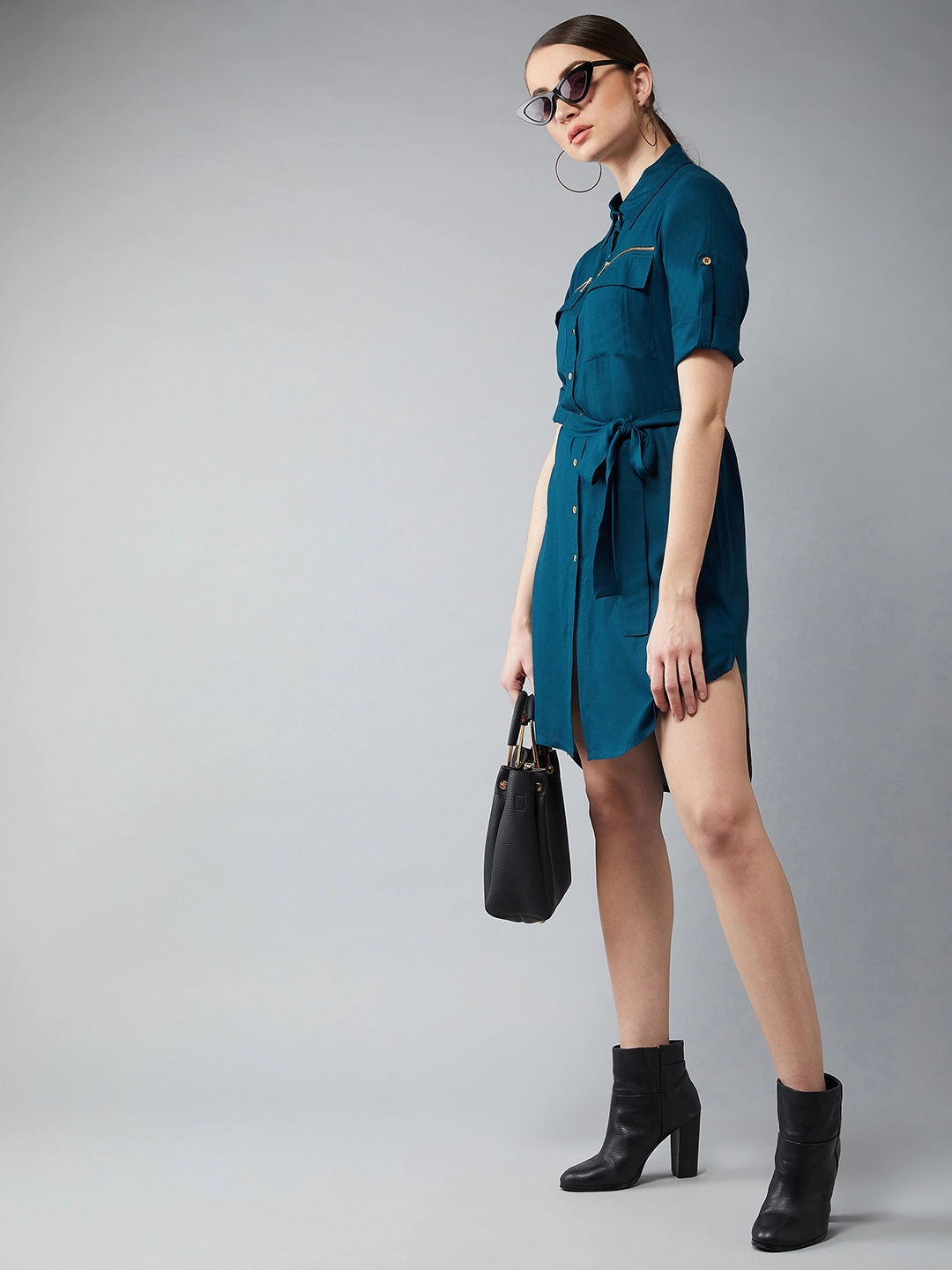 Women's Teal Collared Three-Fourth Sleeved Solid Knee-Length Shirt Dress Retro Mood Soft Cut