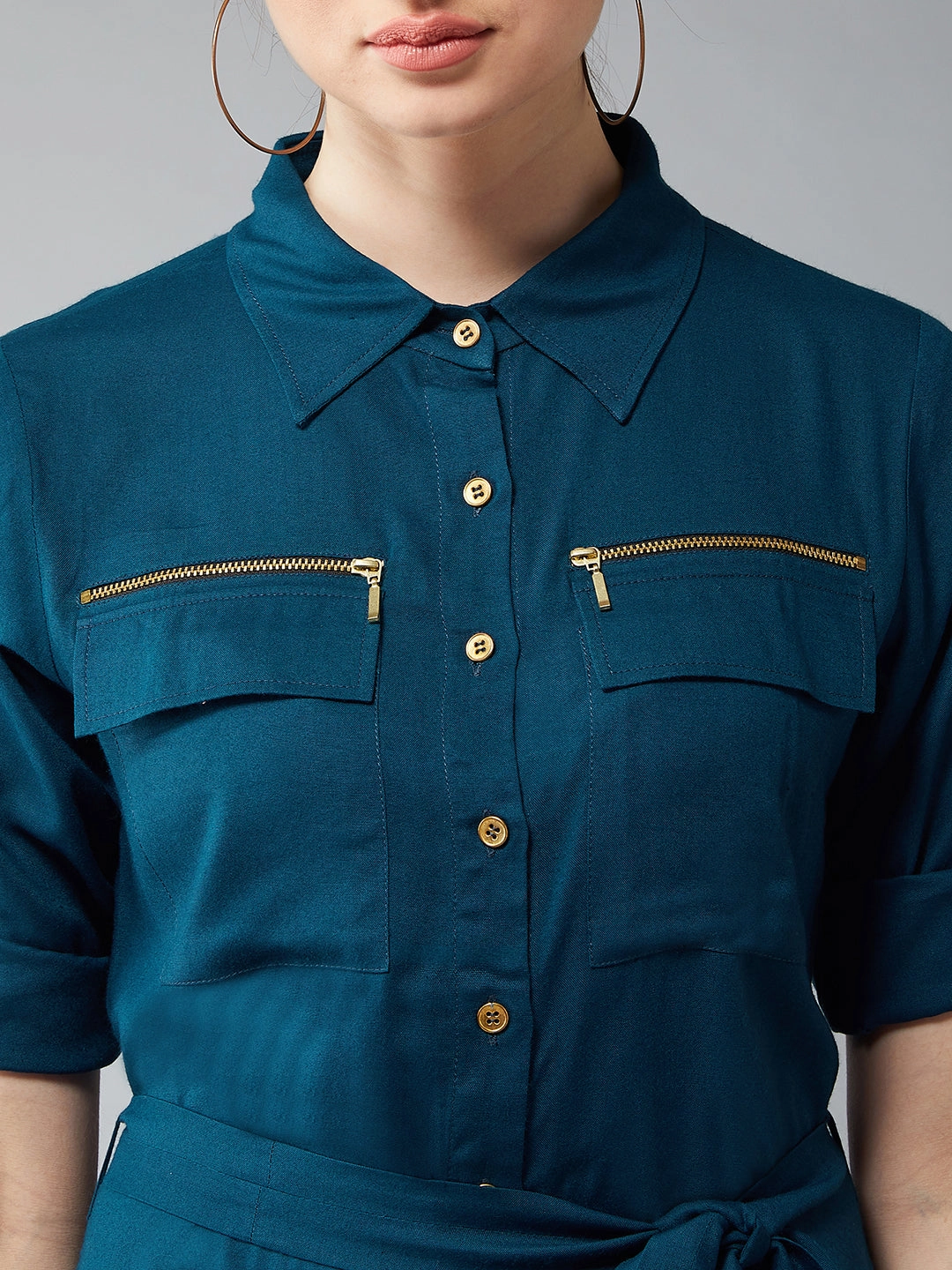 Women's Teal Collared Three-Fourth Sleeved Solid Knee-Length Shirt Dress Lace Fine Drawstring-Closure