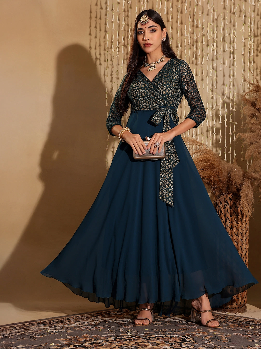 Fresh Style Subtle Touch Women's Teal Floral Printed Relaxed Fit V-Neck 3/4th Sleeve Maxi Dress