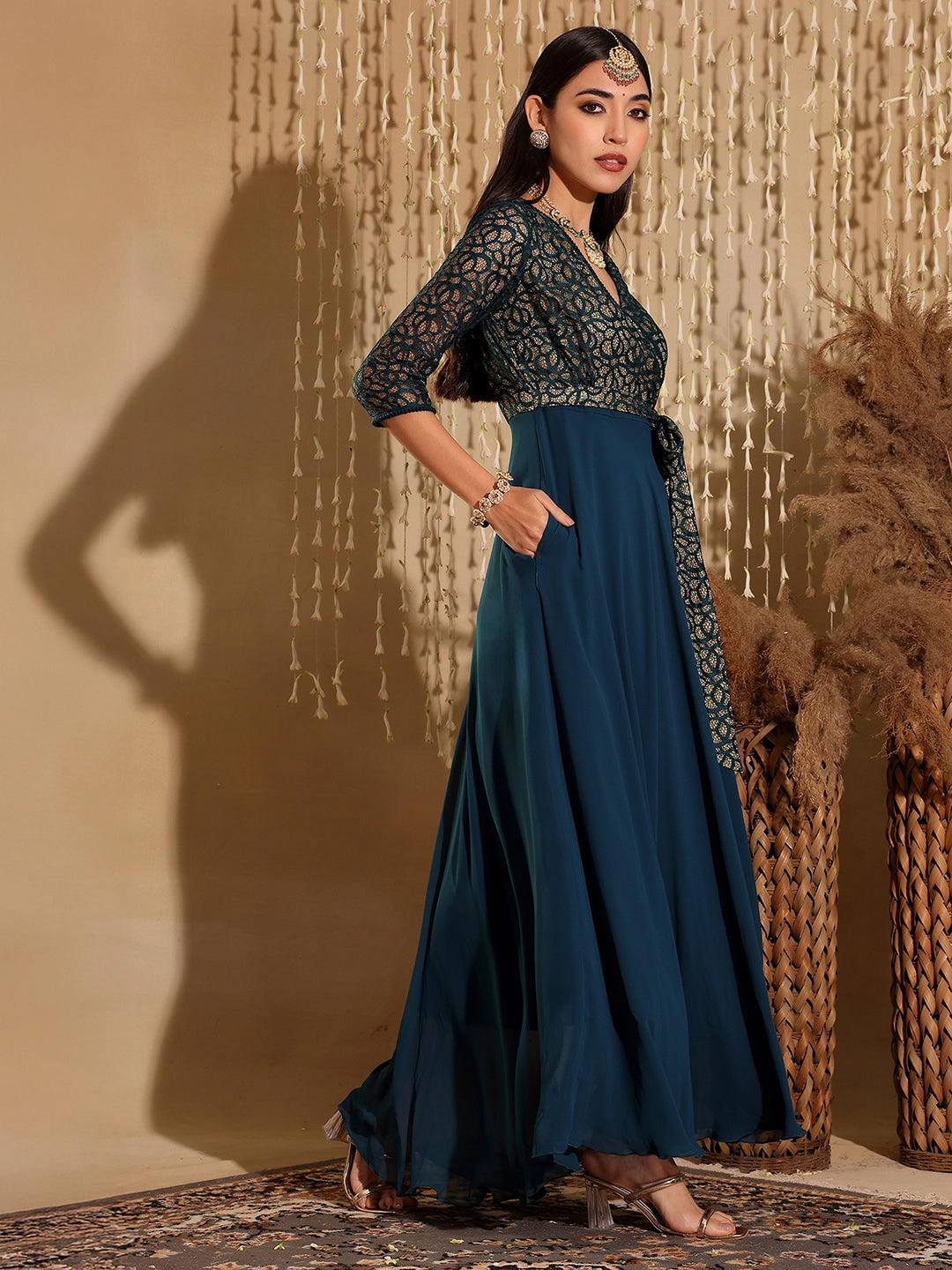 Women's Teal Floral Printed Relaxed Fit V-Neck 3/4th Sleeve Maxi Dress Urban Fit