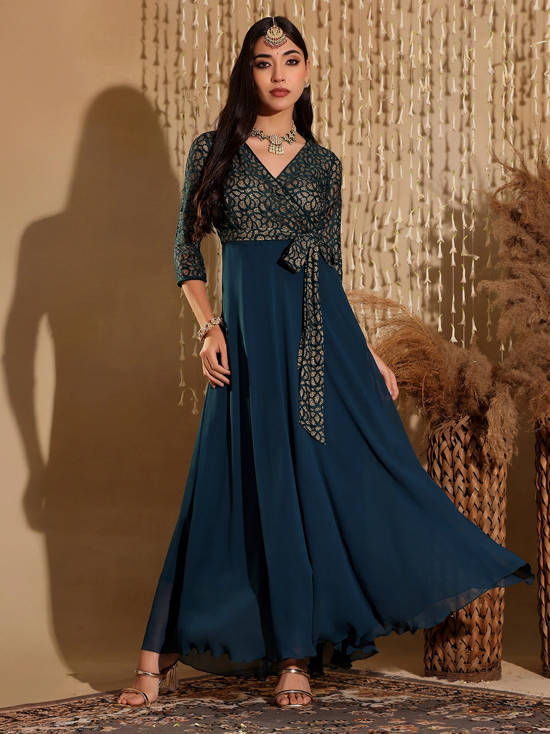 Women's Teal Floral Printed Relaxed Fit V-Neck 3/4th Sleeve Maxi Dress Chic Design Playful touch