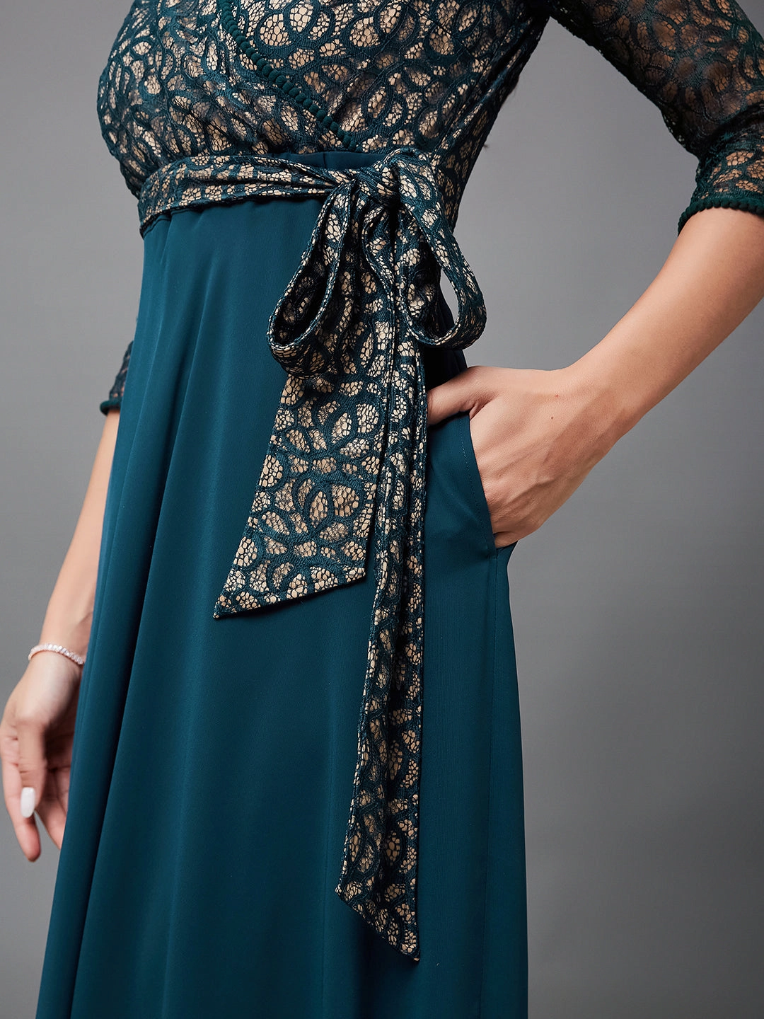 Women's Teal Floral Printed Relaxed Fit V-Neck 3/4th Sleeve Maxi Dress Chill Vibes