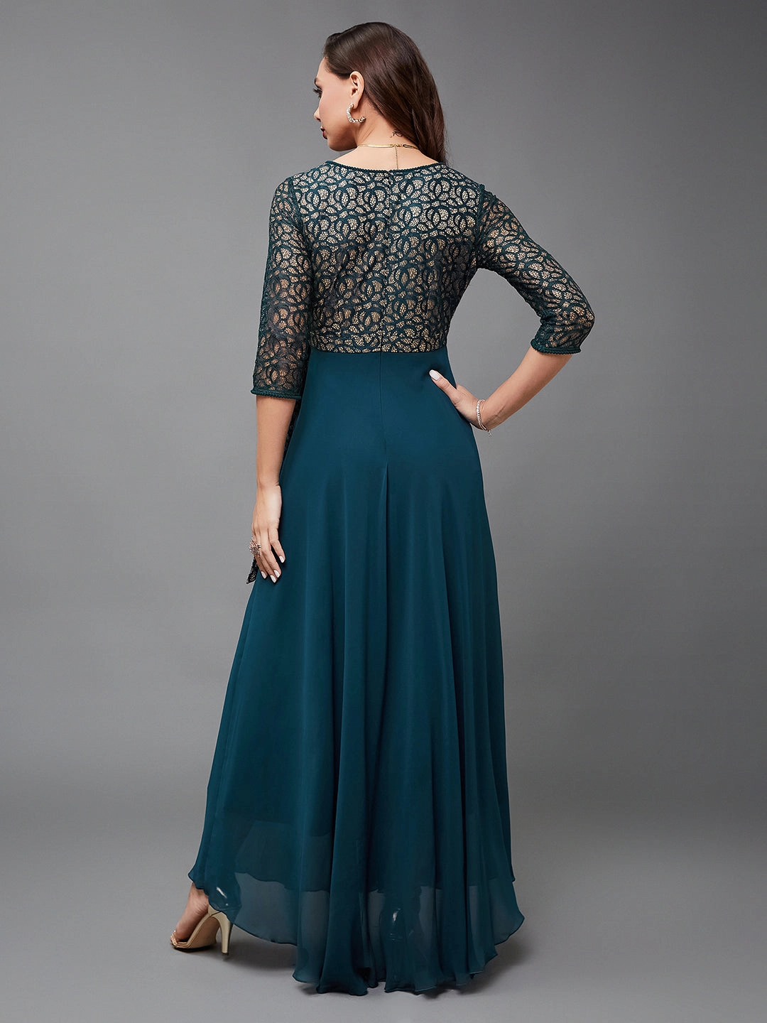 Evening Event Scoop-Neck Women's Teal Floral Printed Relaxed Fit V-Neck 3/4th Sleeve Maxi Dress
