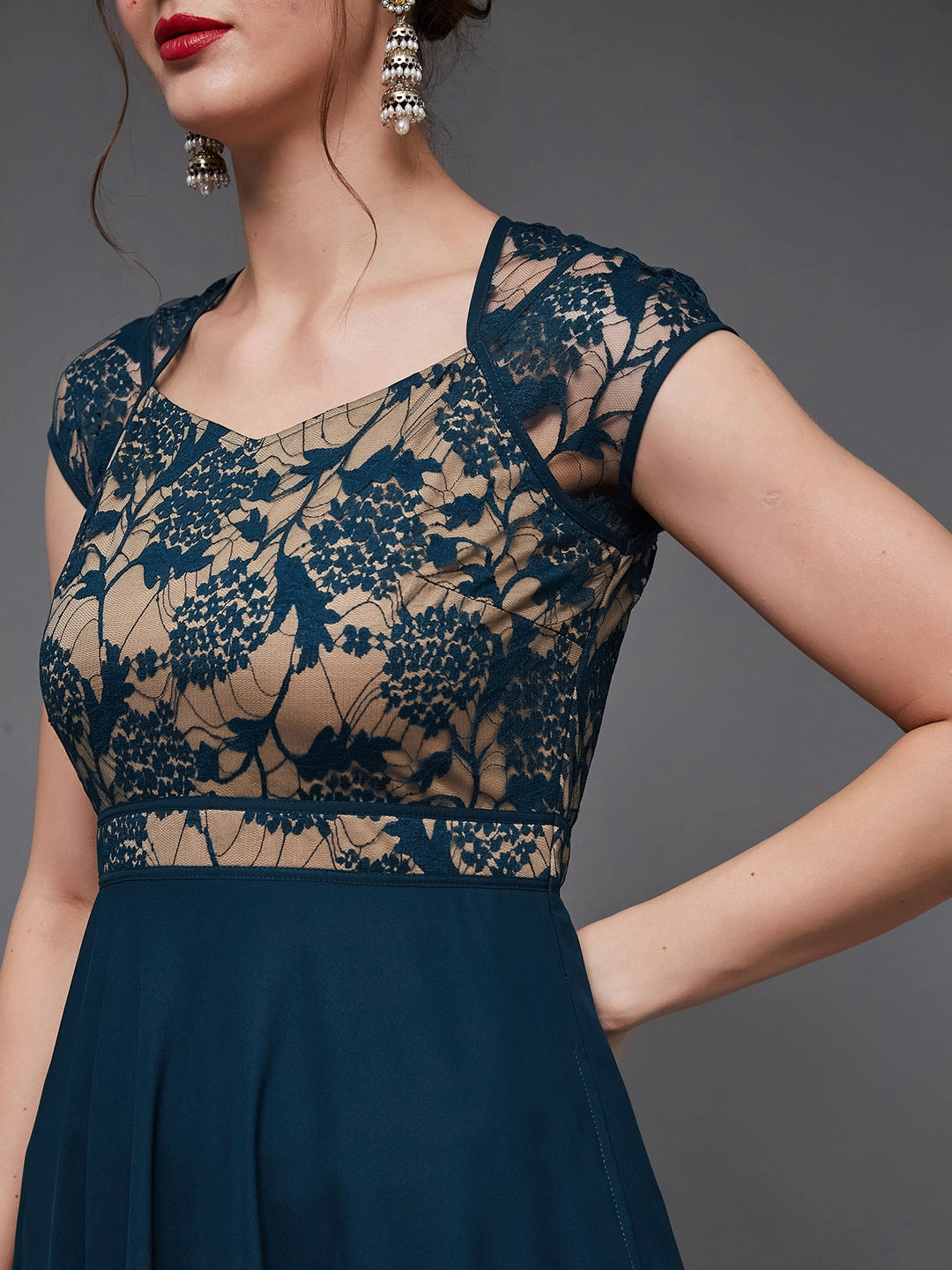 Women's Teal Floral V - Neck Cap Short Sleeves Lace Overlaid Fit & Flare Paneled Maxi Dress Timeless Comfort Wear Linen Vibe