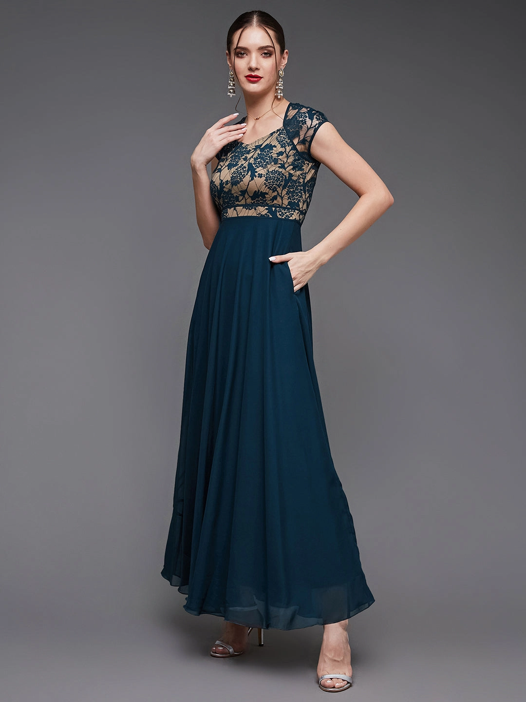 Edge Shape Women's Teal Floral V - Neck Cap Short Sleeves Lace Overlaid Fit & Flare Paneled Maxi Dress