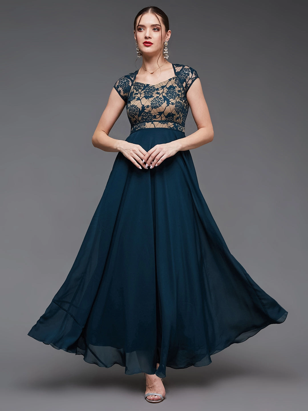 confident look Seasonal Mood Women's Teal Floral V - Neck Cap Short Sleeves Lace Overlaid Fit & Flare Paneled Maxi Dress