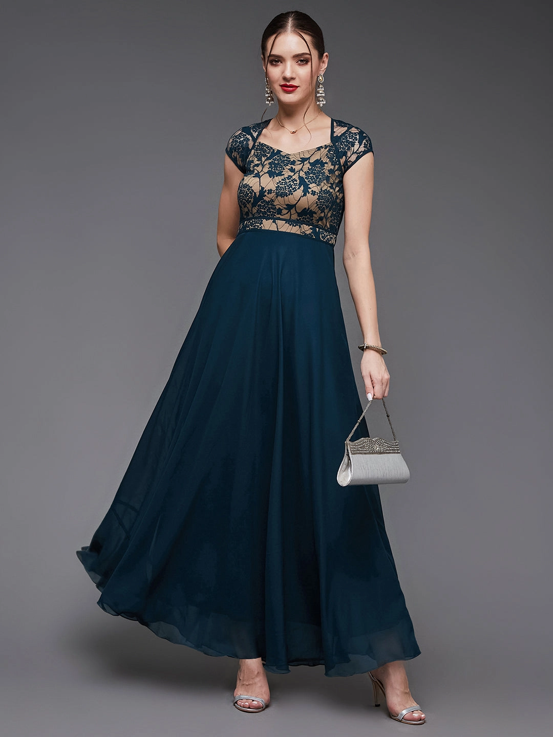 Women's Teal Floral V - Neck Cap Short Sleeves Lace Overlaid Fit & Flare Paneled Maxi Dress Flower Grace Soft Lines