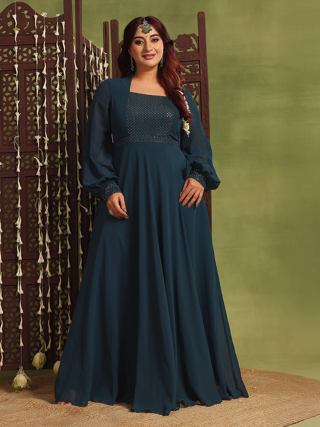 Smart Edge Women's Teal Mandarin-Collar Bishop Sleeve Embellished Panelled Georgette Maxi Dress