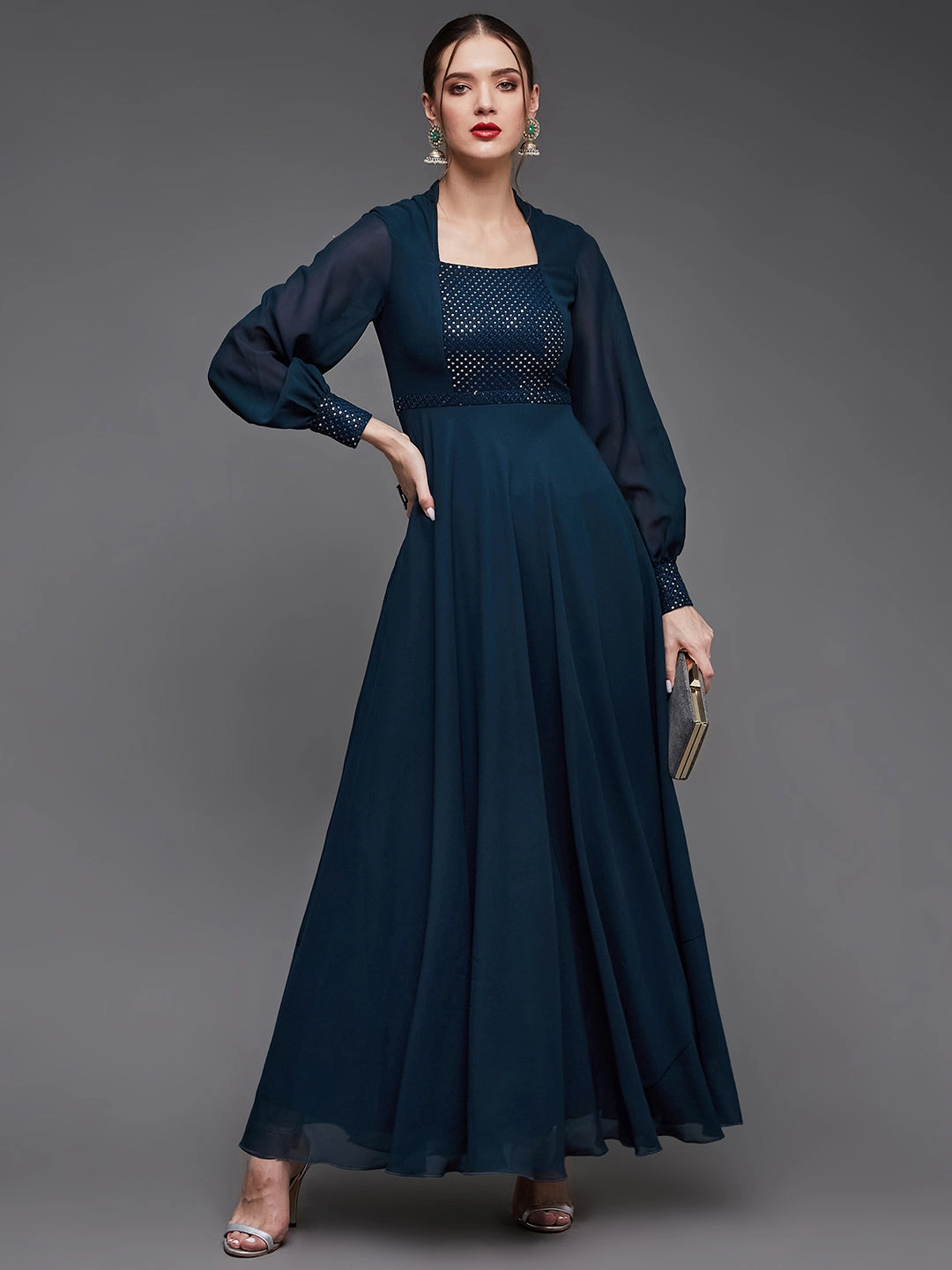 Comfy Wear Day Outfit Women's Teal Mandarin-Collar Bishop Sleeve Embellished Panelled Georgette Maxi Dress