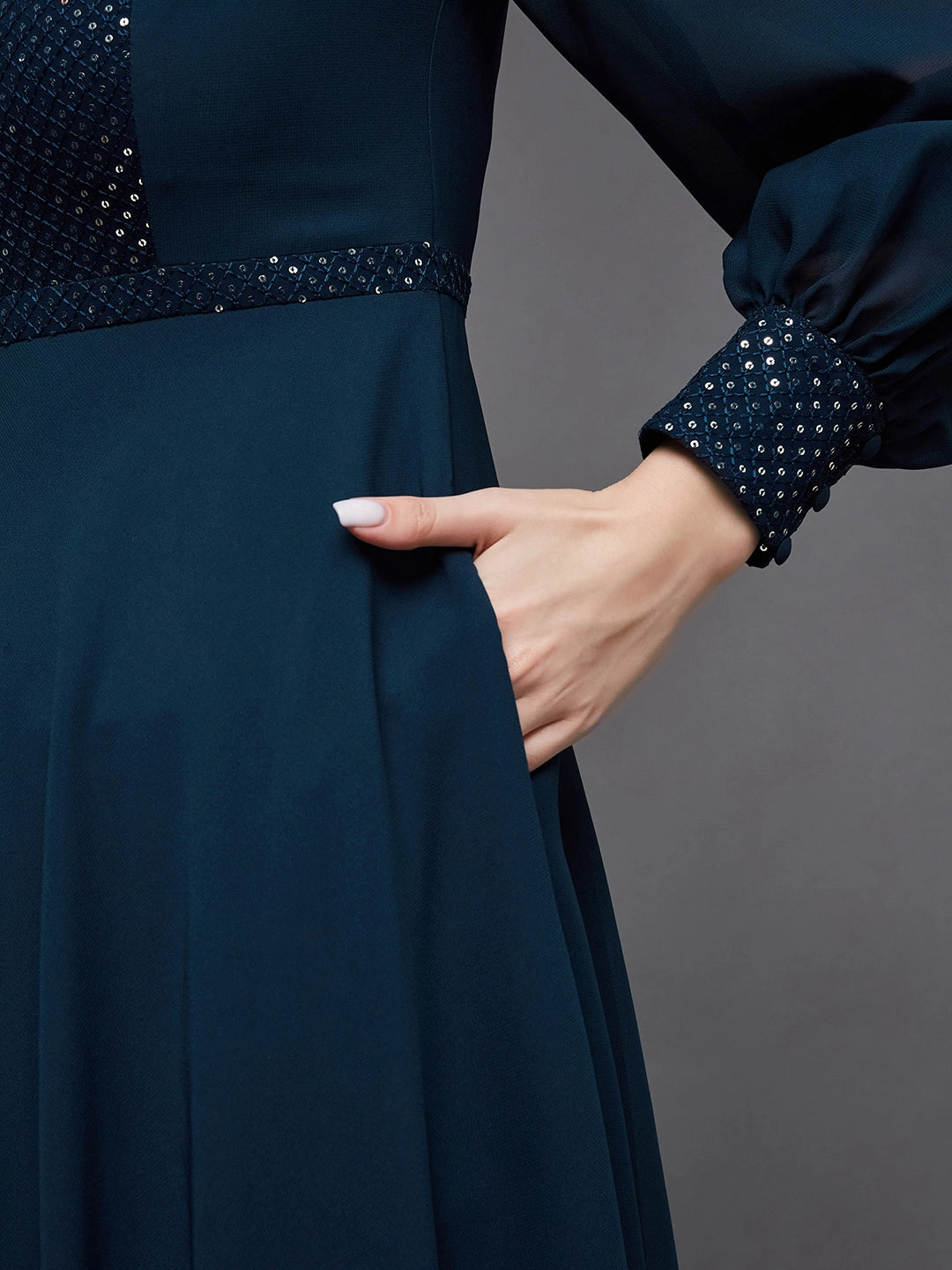 Soft Draping Soft Appeal Women's Teal Mandarin-Collar Bishop Sleeve Embellished Panelled Georgette Maxi Dress