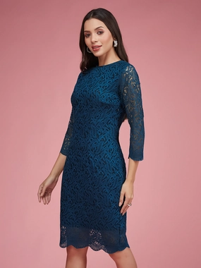 Smart Detail Women's Teal Round Neck 3/4 Sleeves Floral Lace Overlaid Knee-Long Bodycon Dress