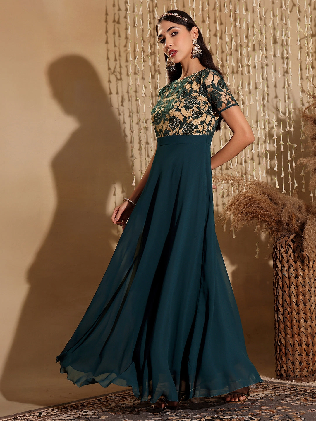 Versatile dress for layering Open Back Women's Teal Round Neck Half Sleeve Self Design Fit & Flare Georgette Maxi Dress