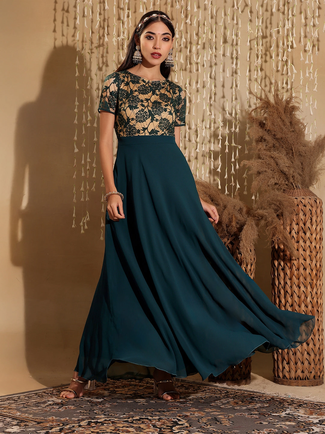 Versatile Look Women's Teal Round Neck Half Sleeve Self Design Fit & Flare Georgette Maxi Dress
