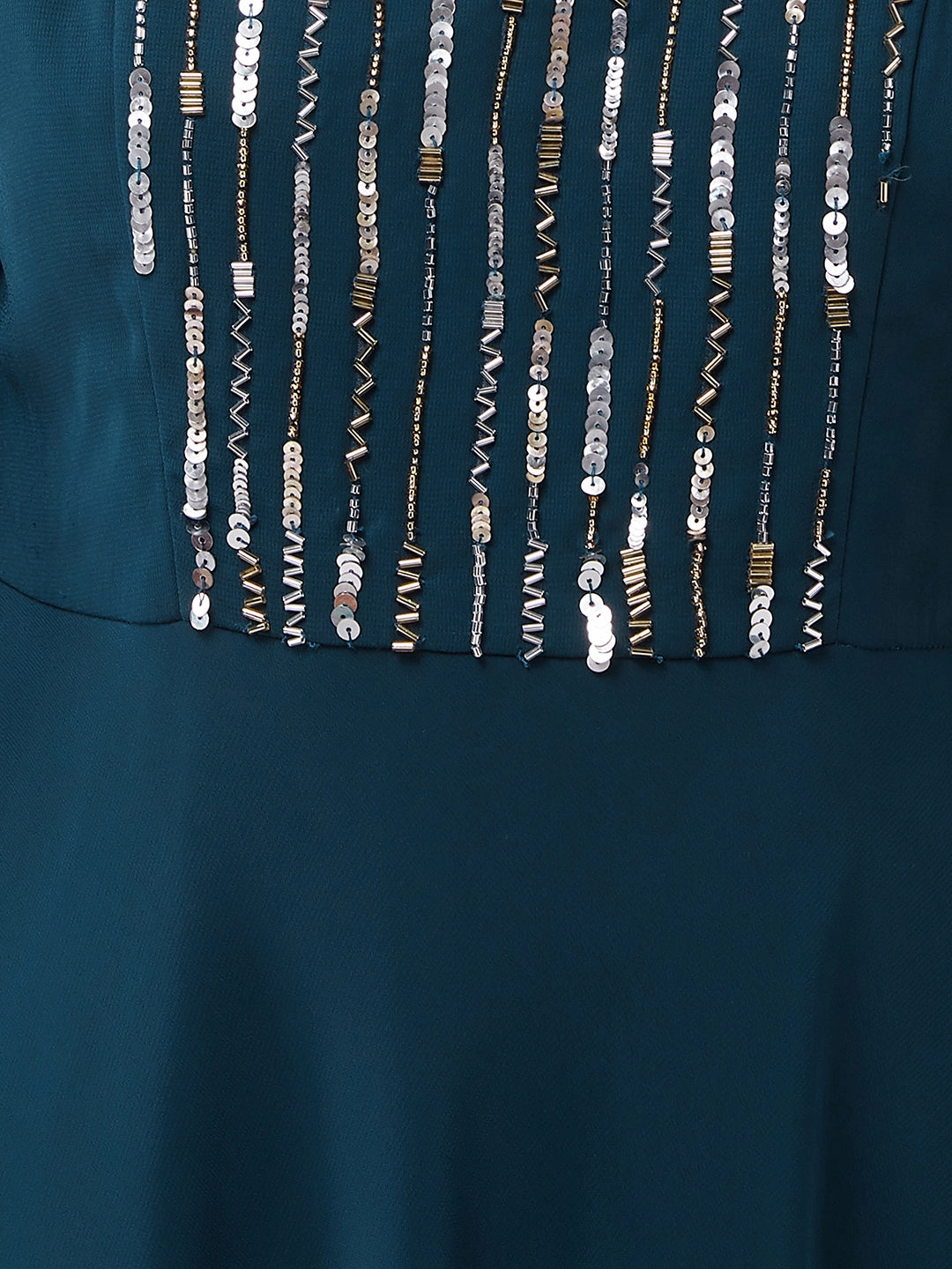 Feminine Charm Shine Dressy Women's Teal Sequined Relaxed Fit Round Neck Embellished Sleeveless Party Maxi Dress