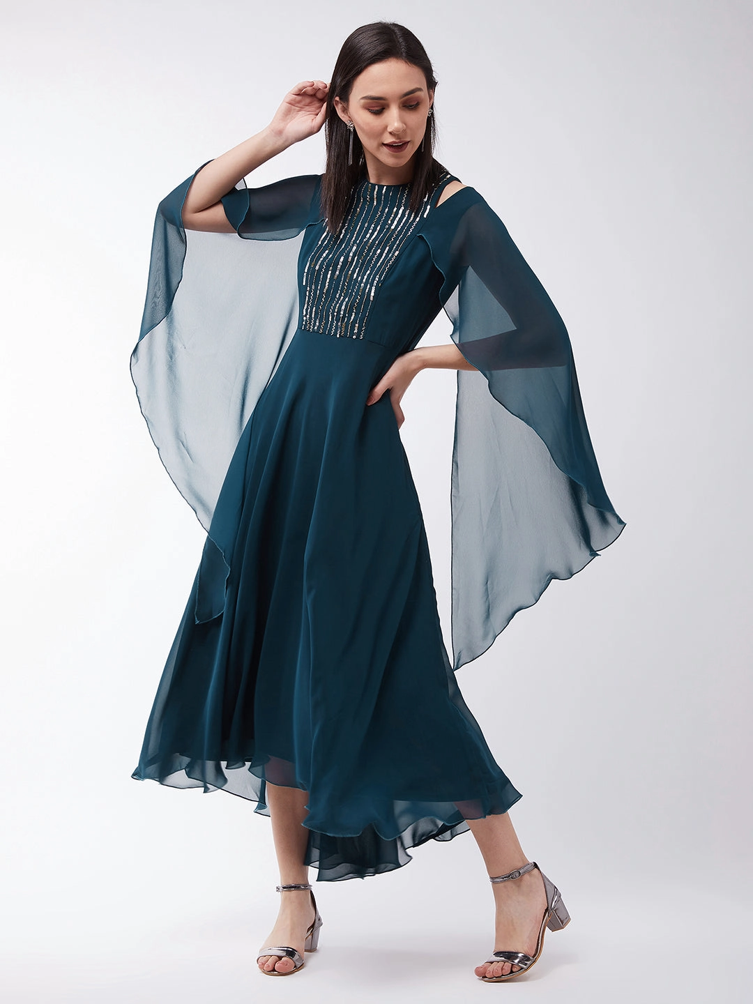 Women's Teal Sequined Relaxed Fit Round Neck Embellished Sleeveless Party Maxi Dress Classic and Chic Easy and Effortless