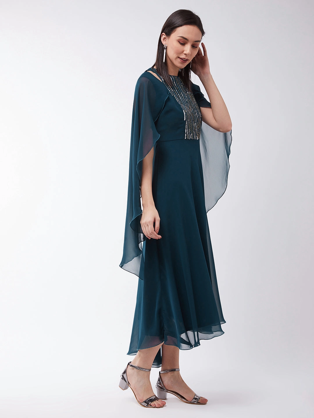 Women's Teal Sequined Relaxed Fit Round Neck Embellished Sleeveless Party Maxi Dress EasyCareMaterial Sister Glow