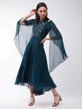 Women's Teal Sequined Relaxed Fit Round Neck Embellished Sleeveless Party Maxi Dress Classic and Chic Easy and Effortless