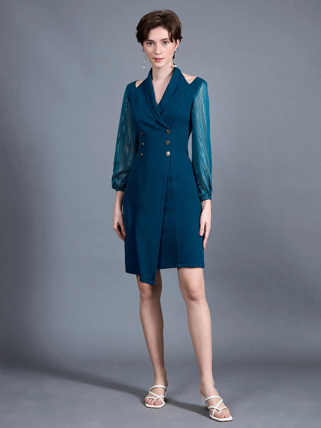 Everyday Use Street Mode Women's Teal Shawl Collar Bishop Sleeves Solid Double Breasted Knee Length Dress