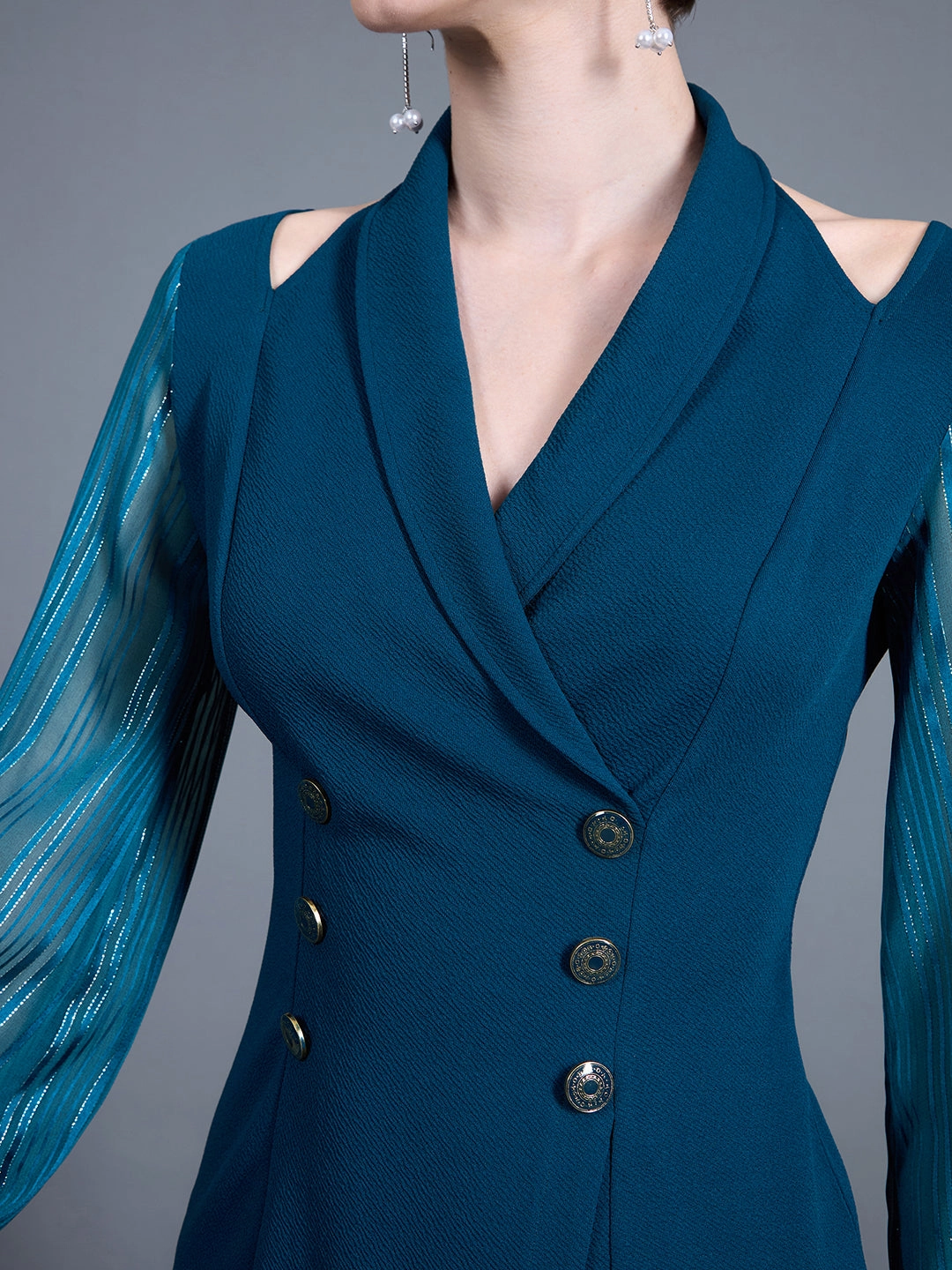 Women's Teal Shawl Collar Bishop Sleeves Solid Double Breasted Knee Length Dress Lightweight Comfort