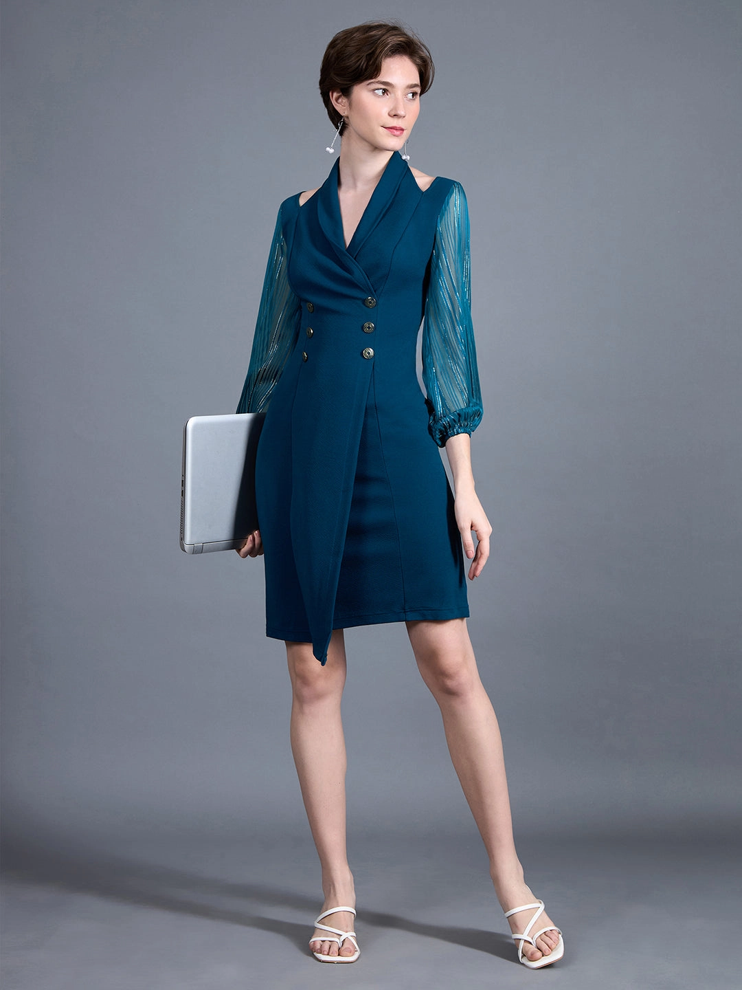 Sustainable-Lining Women's Teal Shawl Collar Bishop Sleeves Solid Double Breasted Knee Length Dress