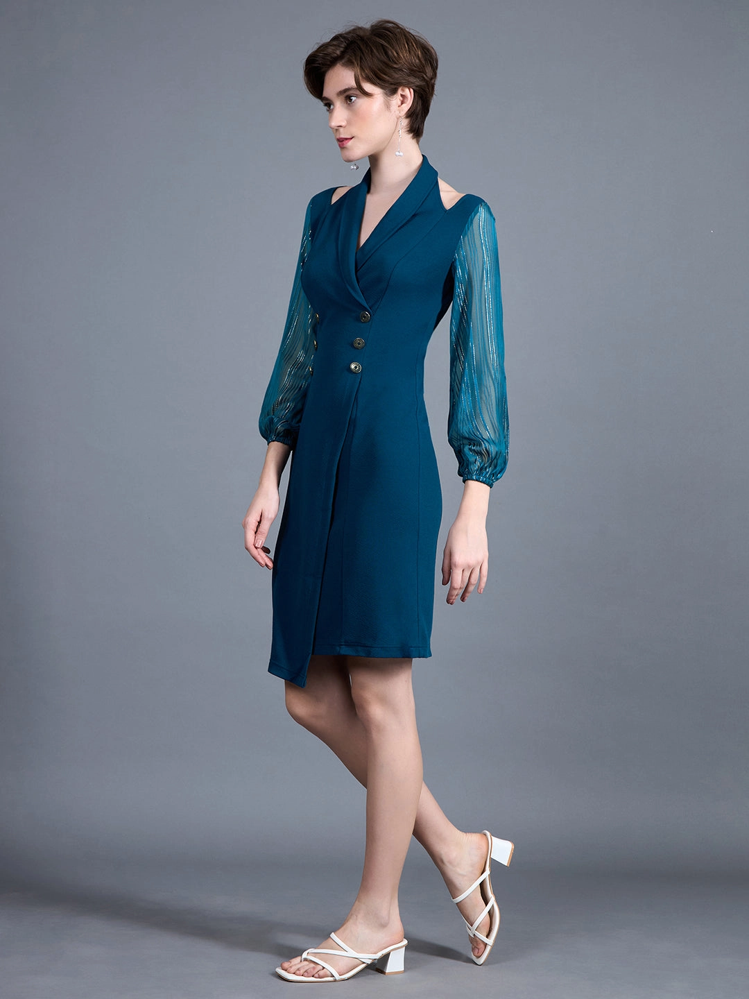 Chic Statement Tailored Style Women's Teal Shawl Collar Bishop Sleeves Solid Double Breasted Knee Length Dress