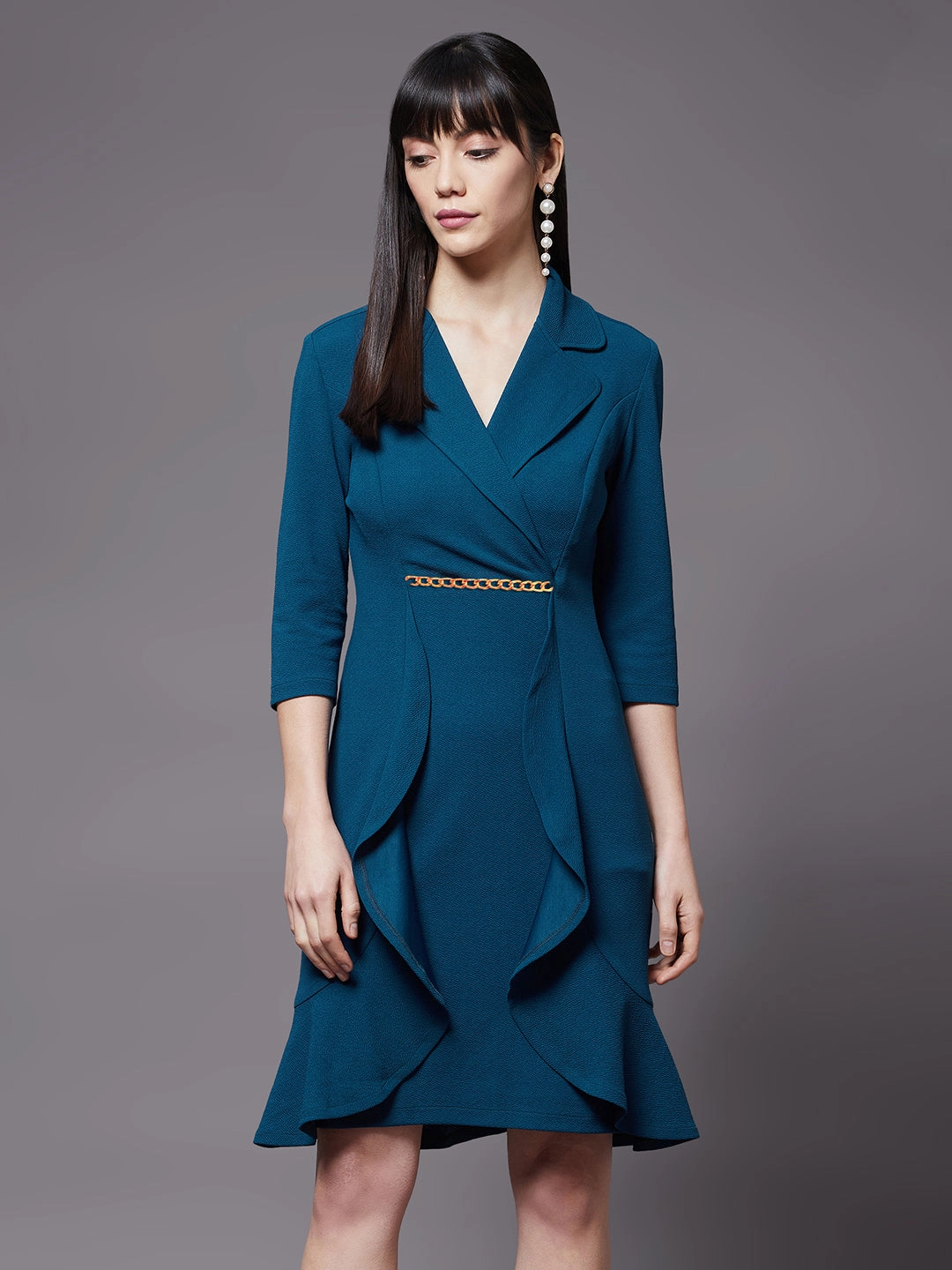 Women's Teal Solid Notched Collar 3/4 Sleeve Blazer Polyester Knee-Long Dress Belted-Style Flowing Design