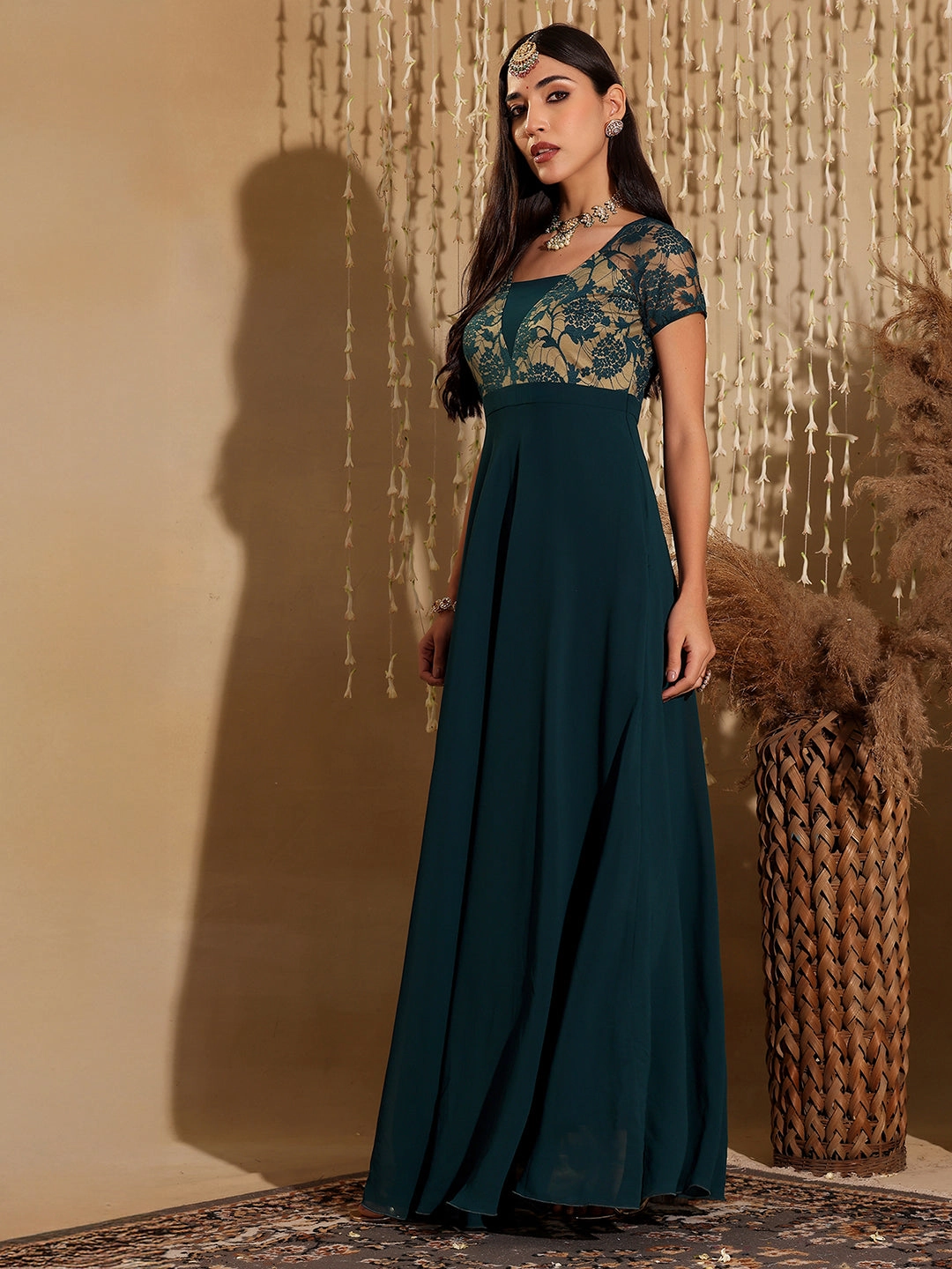Natural Drape Women's Teal Square Neck Raglan Short Sleeve Self Design Lace Overlaid Georgette Maxi Dress