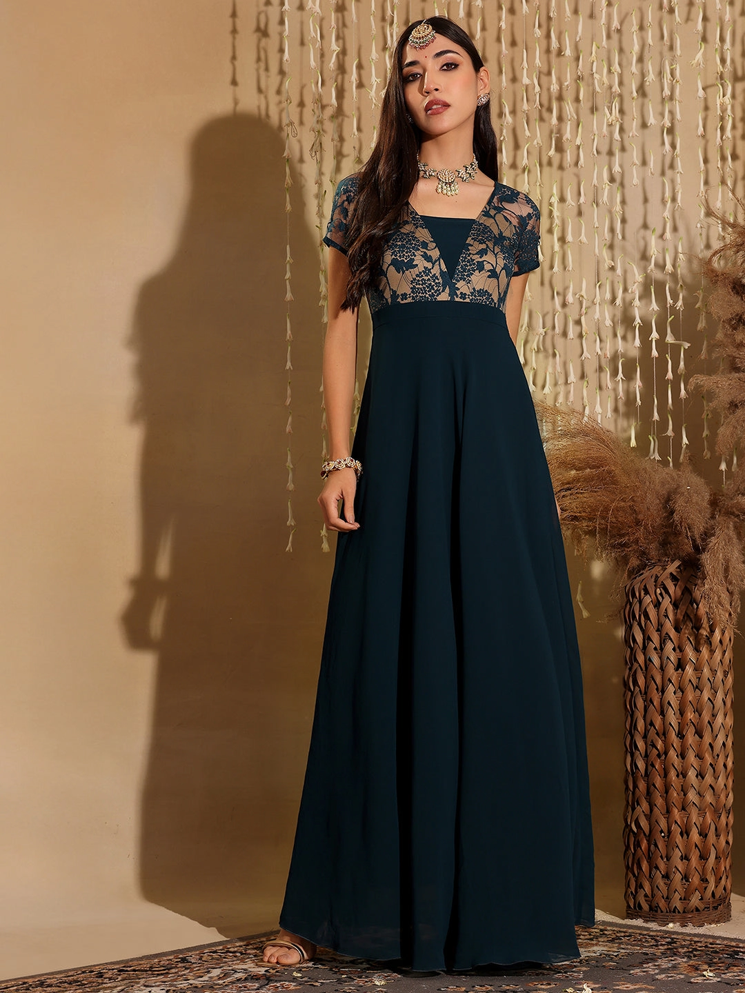 Women's Teal Square Neck Raglan Short Sleeve Self Design Lace Overlaid Georgette Maxi Dress Minimalist-Trend Tasteful Detail