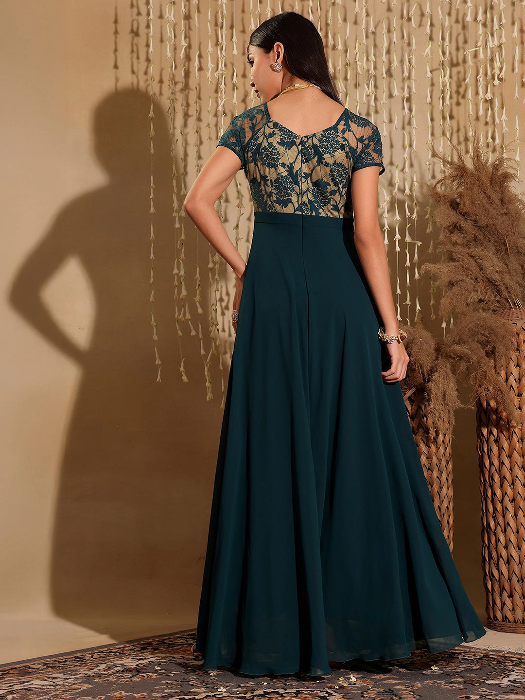 Birthday-Celebration Love Blend Women's Teal Square Neck Raglan Short Sleeve Self Design Lace Overlaid Georgette Maxi Dress