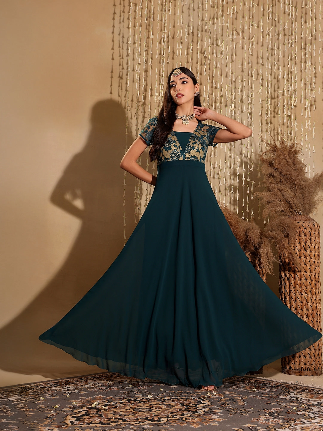 Women's Teal Square Neck Raglan Short Sleeve Self Design Lace Overlaid Georgette Maxi Dress Soft and Chic Evening Ready