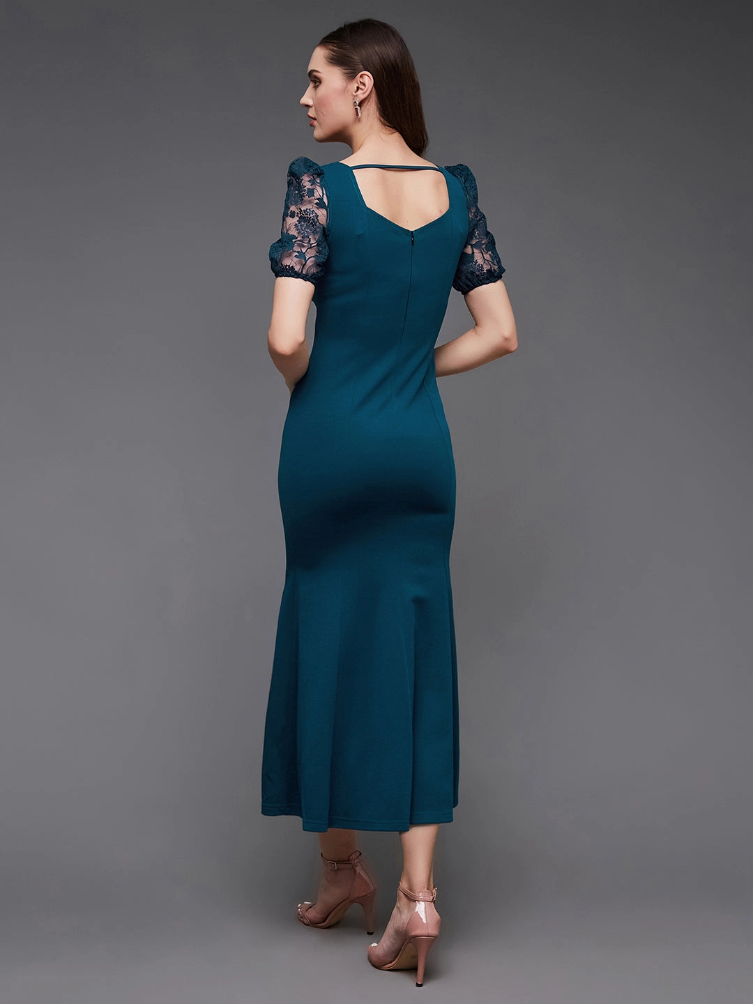 Lace Ease Relaxed day dress Women's Teal Square Neck Short Puff Sleeve Self Design Lace Overlaid Bodycon Maxi Dress
