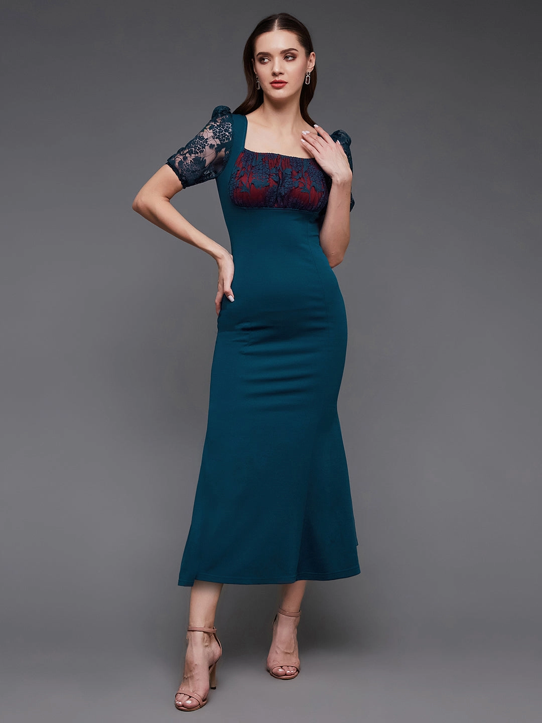 Women's Teal Square Neck Short Puff Sleeve Self Design Lace Overlaid Bodycon Maxi Dress Tailored Mood