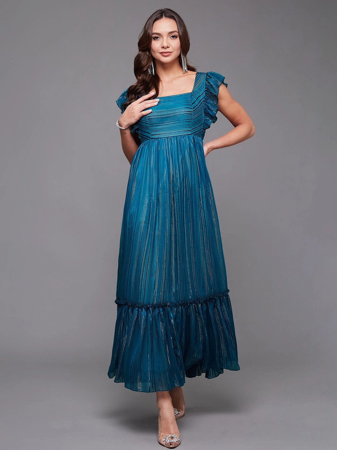 Airy Fit Loose Flow Women's Teal Square Neck Sleeveless Striped Tiered Georgette Maxi Dress