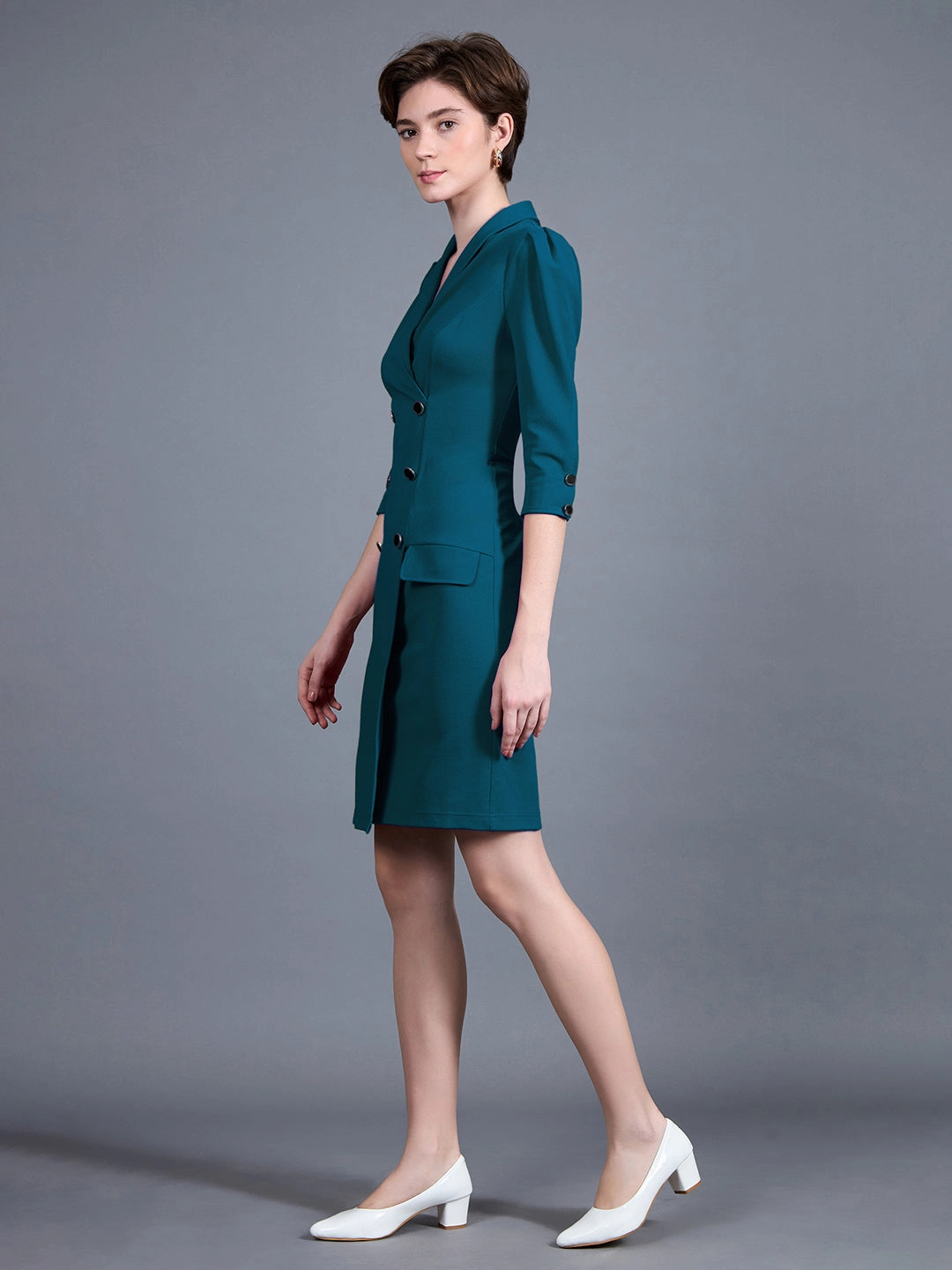 Ruffle Detail Women's Teal V-neck 3/4 Sleeve Solid Double Breasted Blazer Knee-Long Polyester Dress