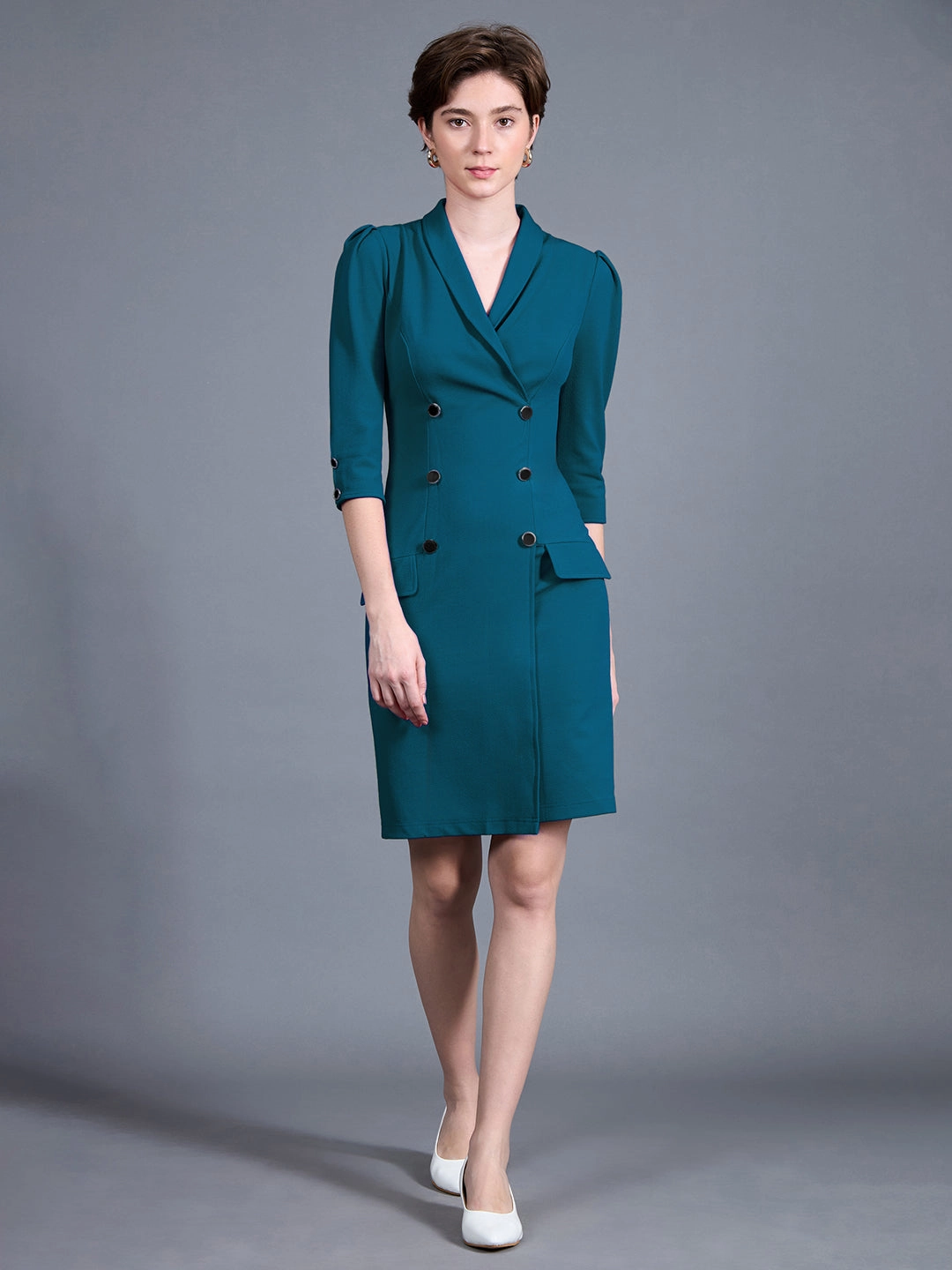 Lightweight Material Women's Teal V-neck 3/4 Sleeve Solid Double Breasted Blazer Knee-Long Polyester Dress
