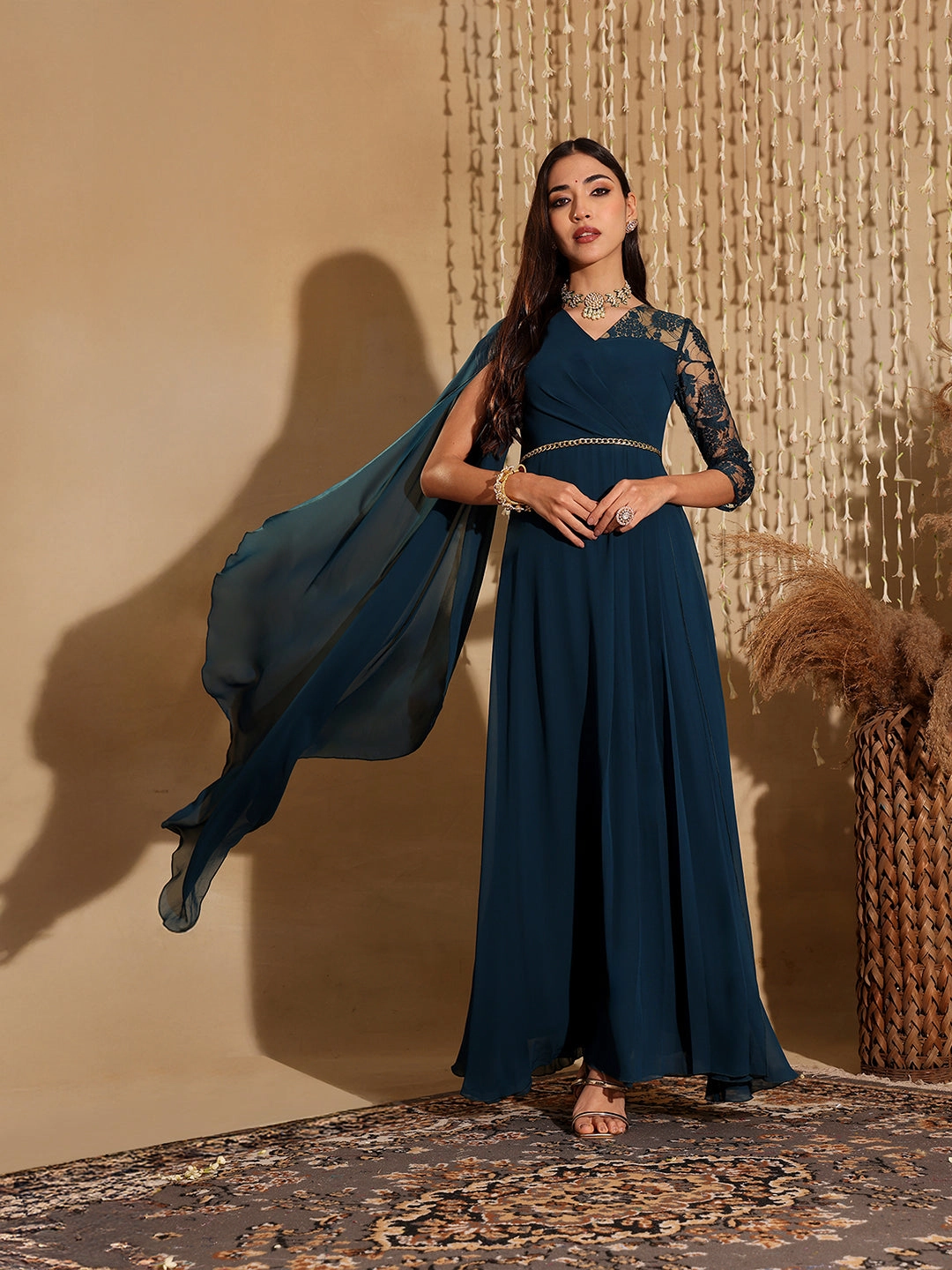 Women's Teal V-Neck Asymmetric Self-Designed Georgette Maxi Dress Evening Tone