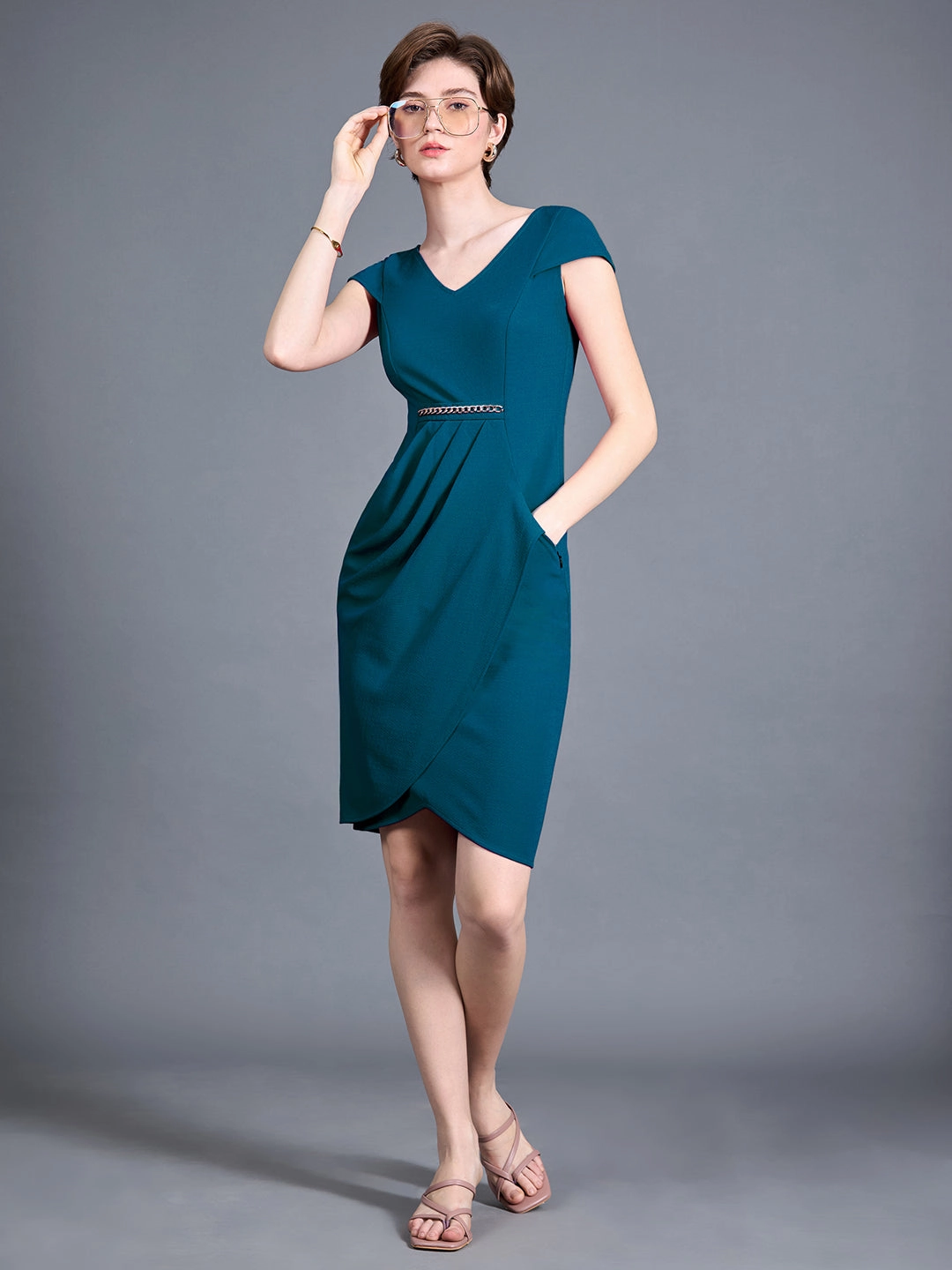 Women's Teal V-Neck Cap Sleeve Solid Wrapped Polyester Knee-Long Dress Back Detail Body Confidence