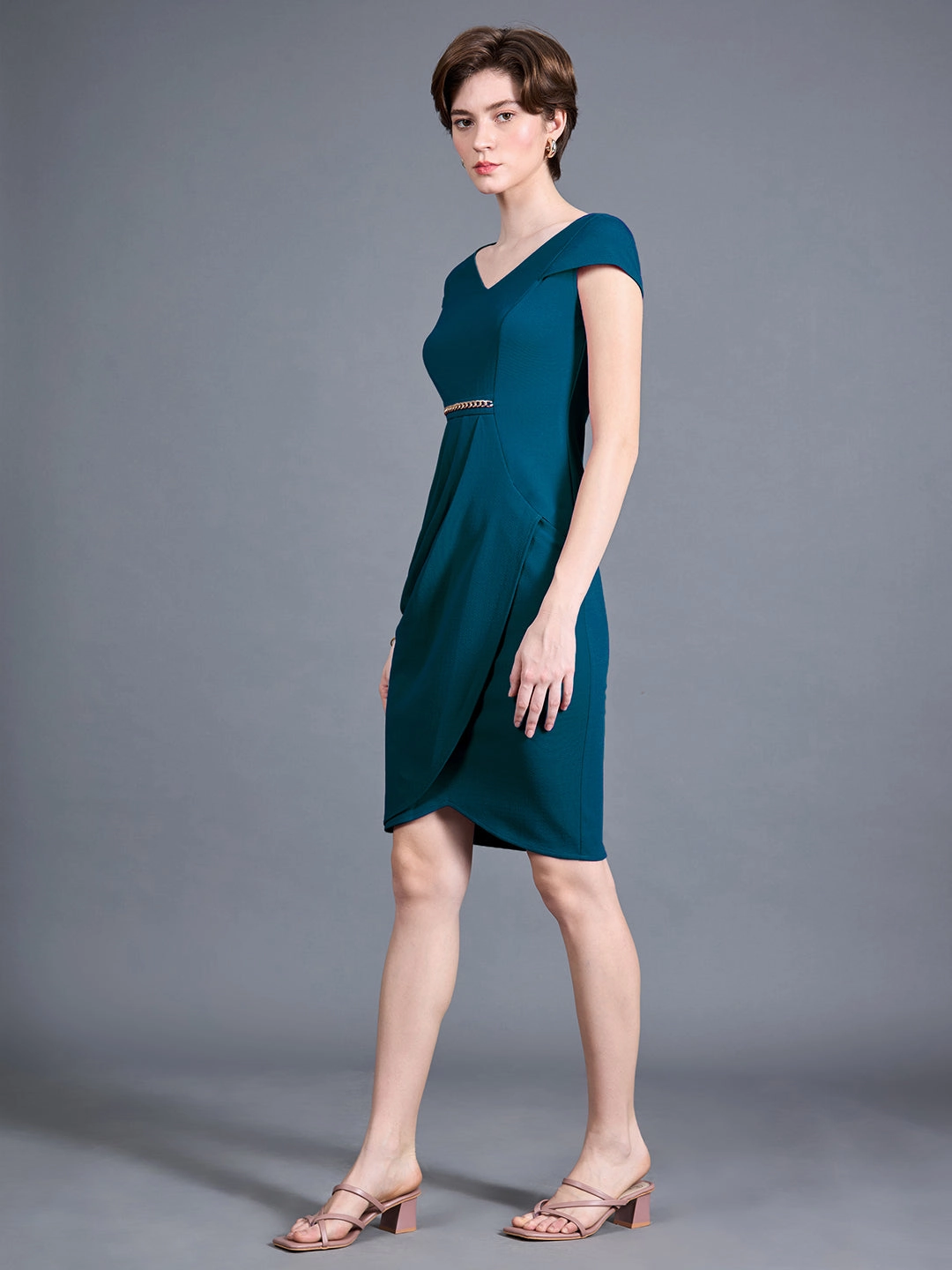 Women's Teal V-Neck Cap Sleeve Solid Wrapped Polyester Knee-Long Dress Lounge Comfort