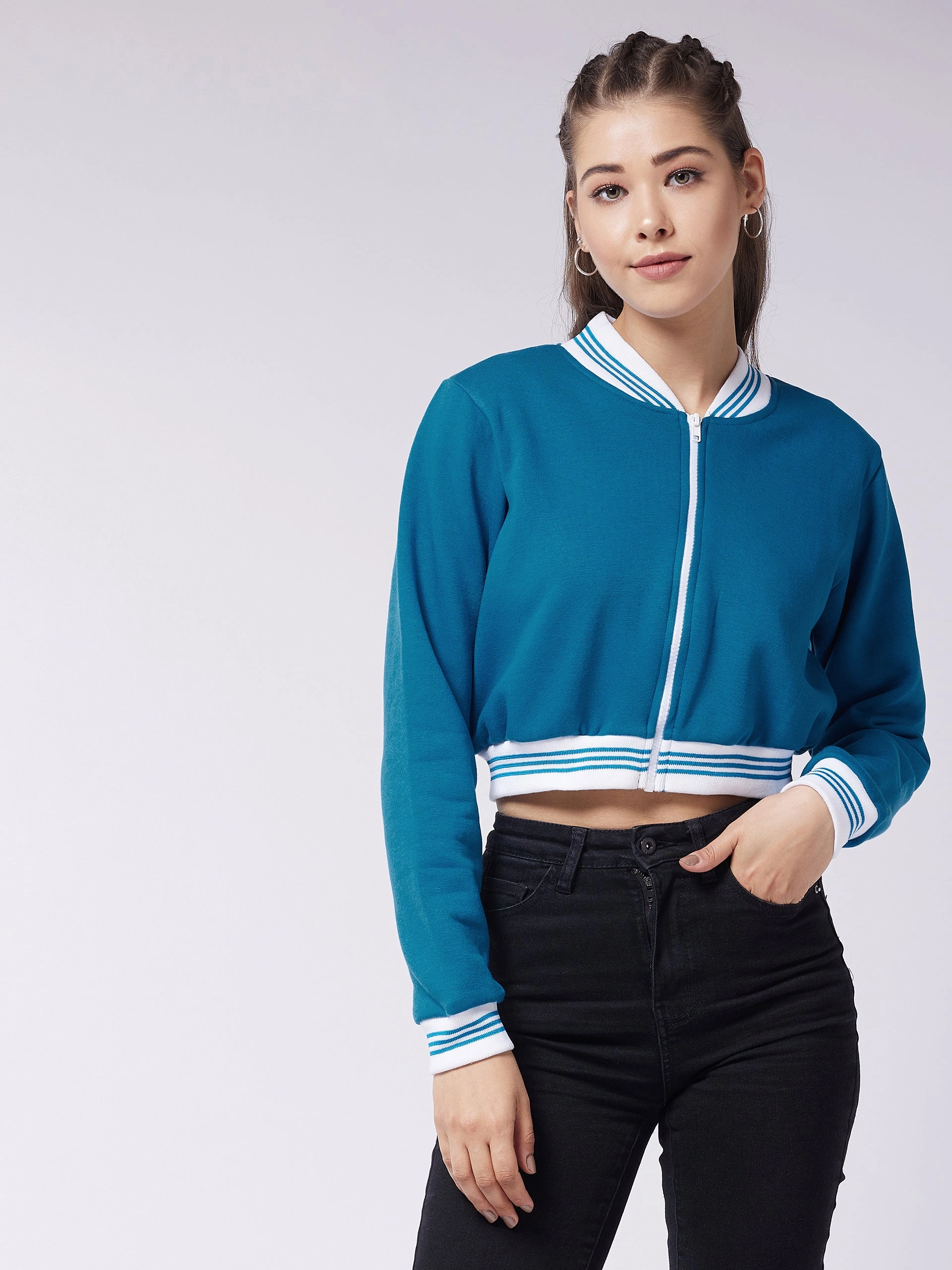 Adaptive Tension Bands City Ready Wear Women's Teal V-Neck Full Sleeve Solid Crop/Bomber Crop Jacket
