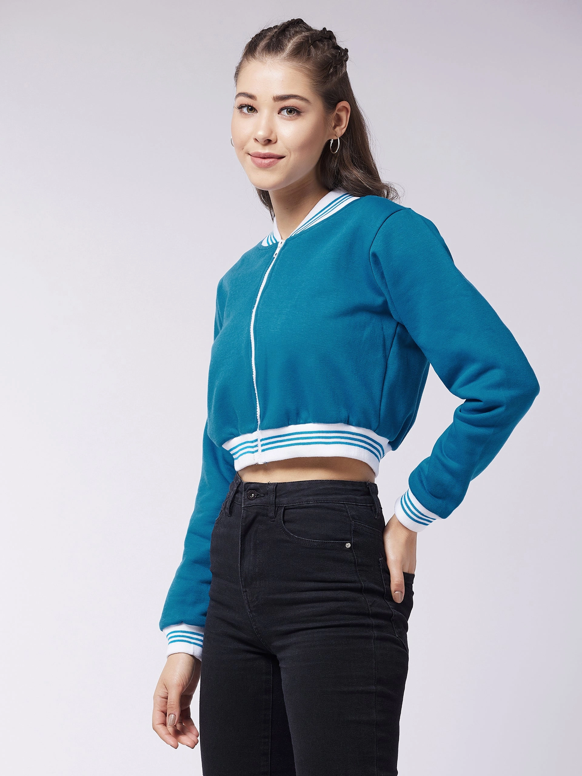 Evening Out Modern Functional Design Women's Teal V-Neck Full Sleeve Solid Crop/Bomber Crop Jacket